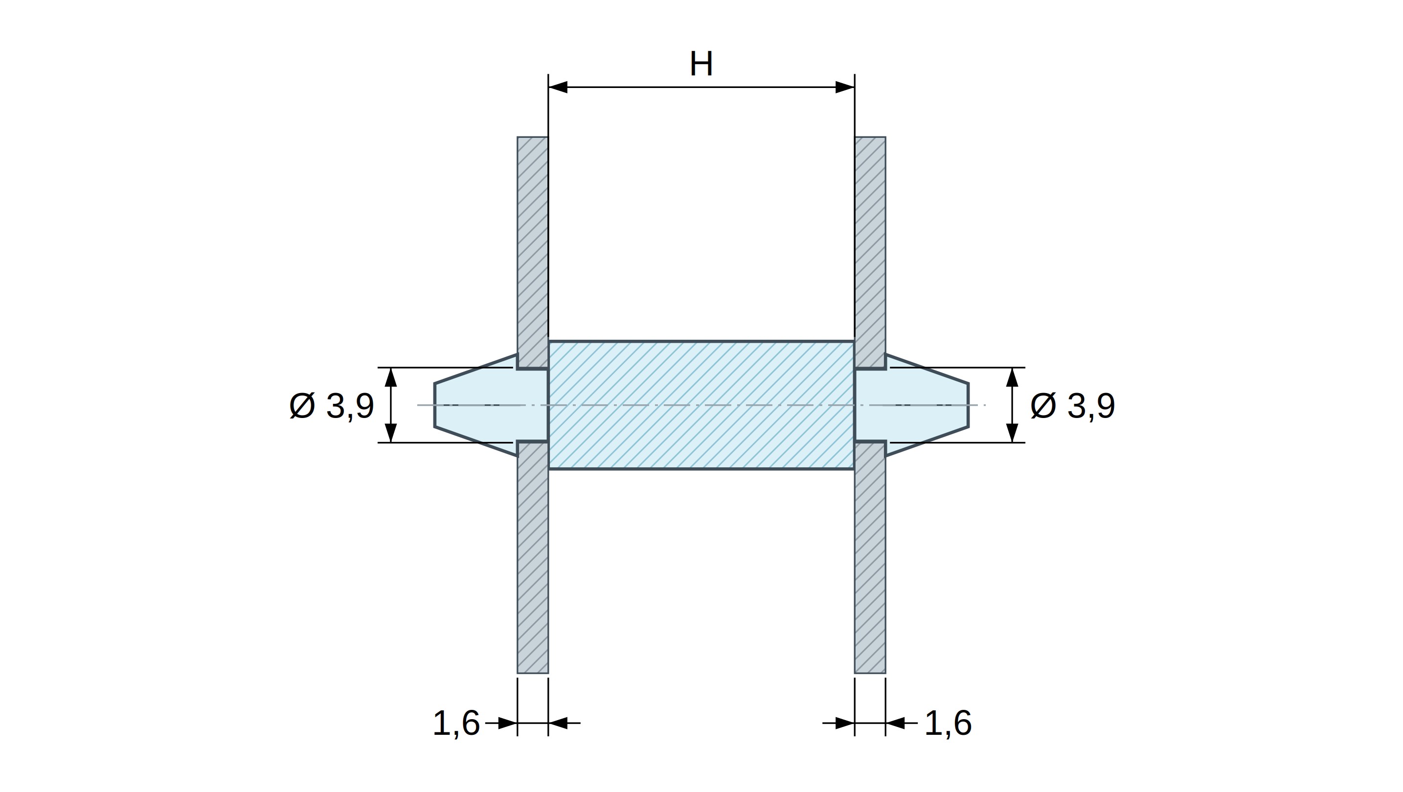 Plan coté Support de carte à clipser des deux côtés, polyamide PA6.6 naturel UL94-V2, trou de carte Ø3,9 mm, carte 1,6 mm