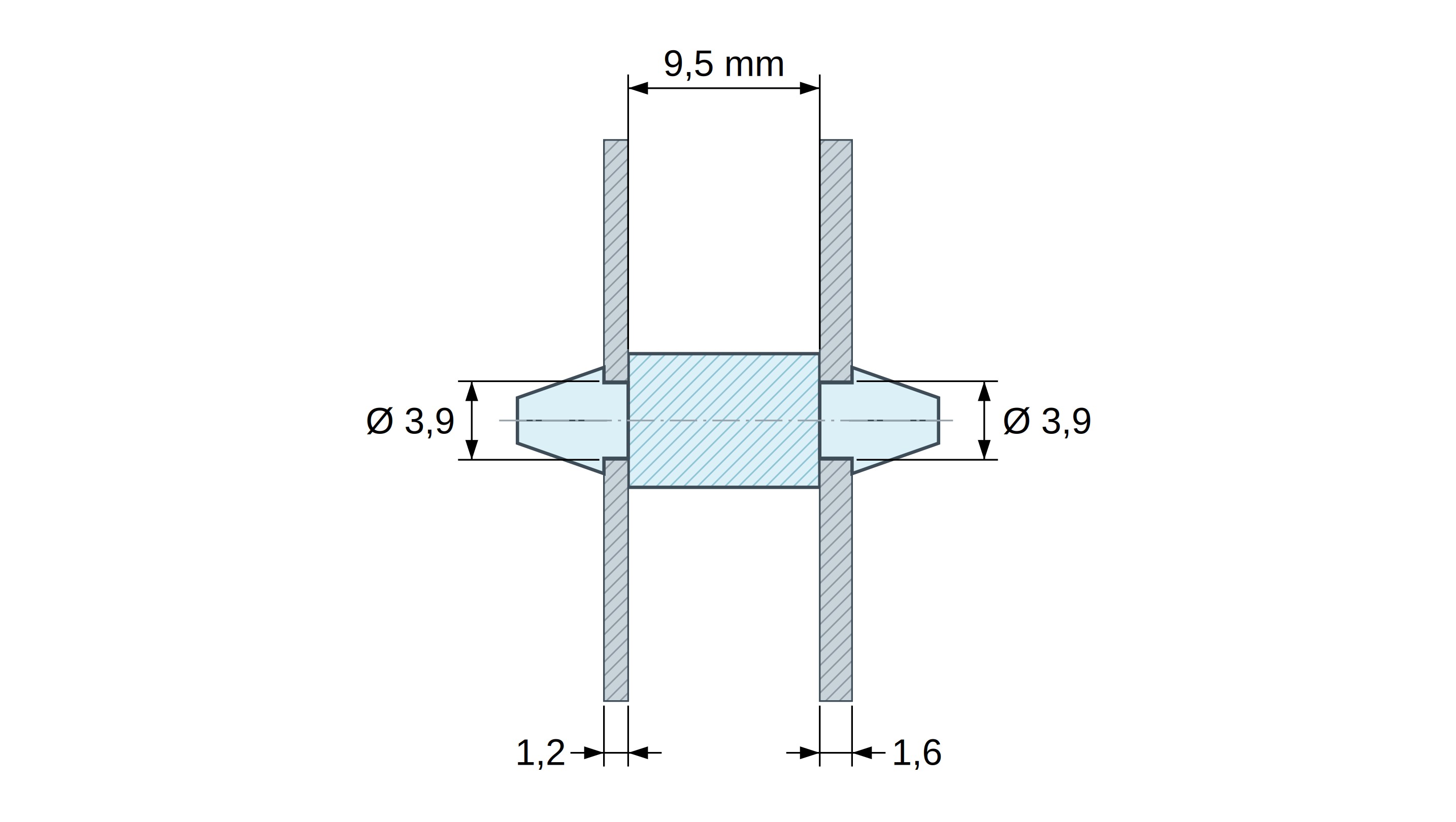 Plan coté Support de carte à clipser des deux côtés, polyamide PA6.6 naturel UL94-V2, carte Ø3,9 mm 1,2 mm / châssis Ø3,9 mm 1,6 mm