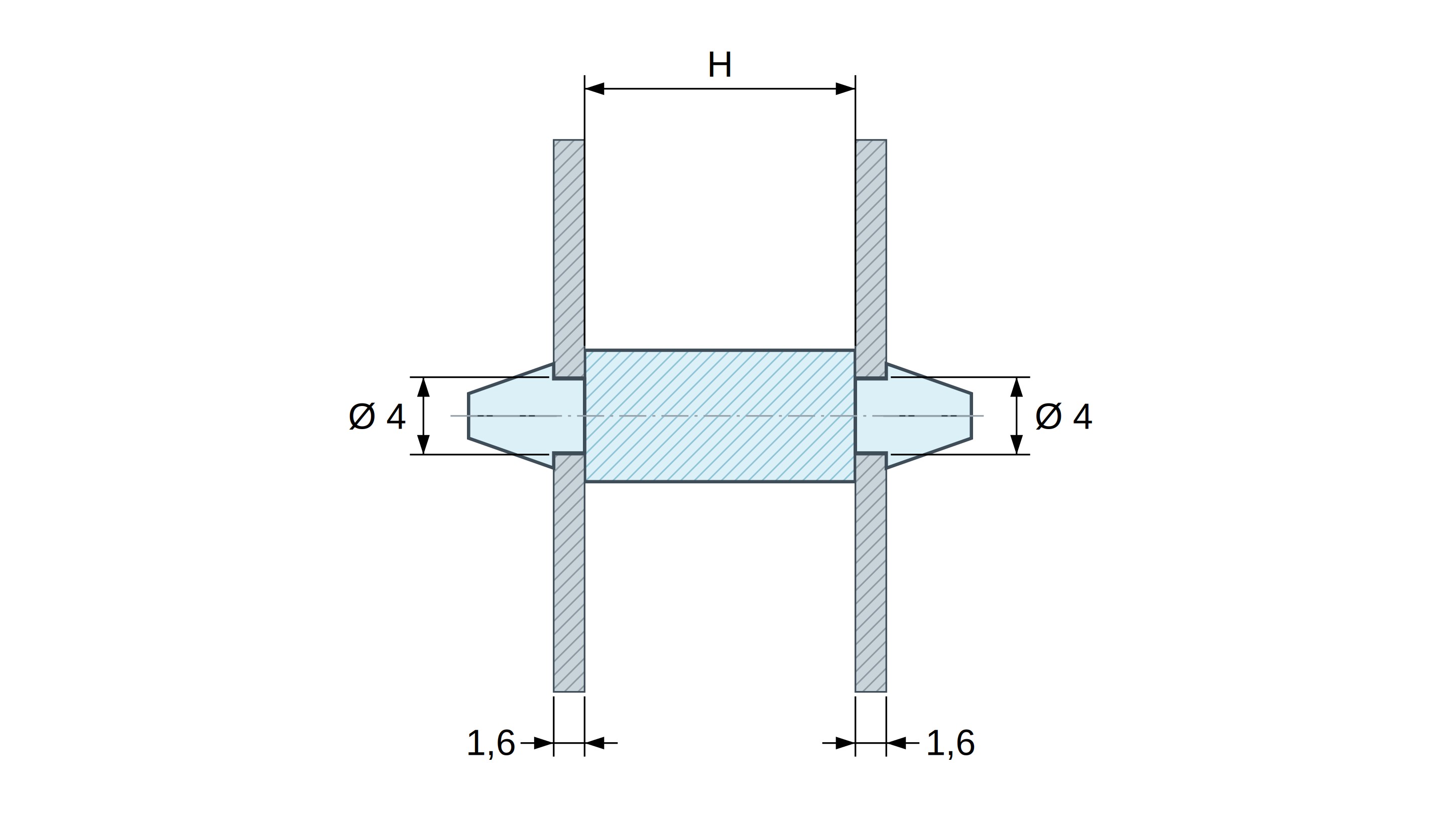 Plan coté Support de carte à clipser des deux côtés, polyamide PA6.6 naturel UL94-V2, trou de carte Ø4 mm, carte 1,6 mm
