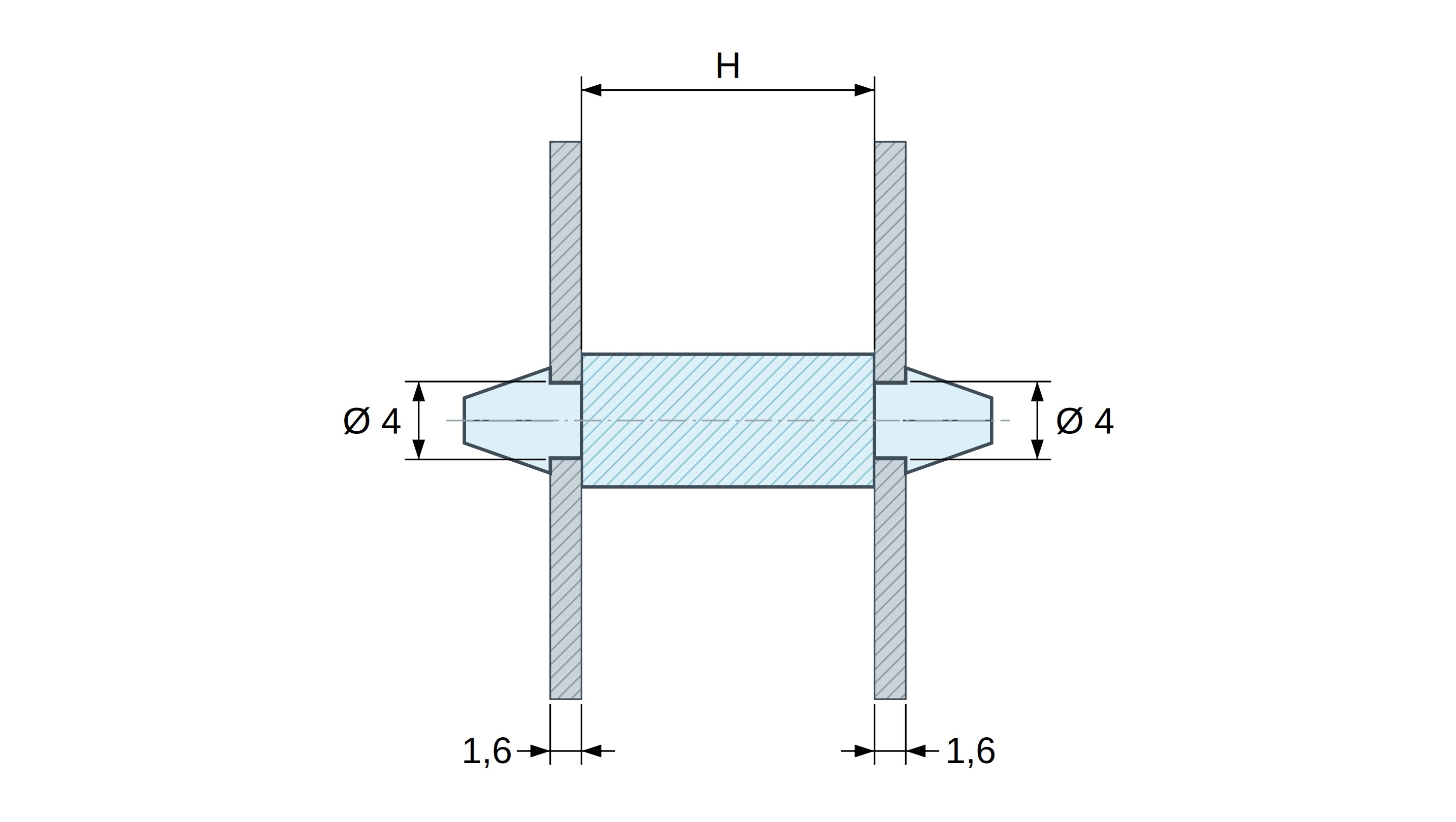 Plan coté Support de carte à clipser des deux côtés, polyamide PA6.6 noir UL94-HB, trou de carte Ø4 mm, carte 1,6 mm