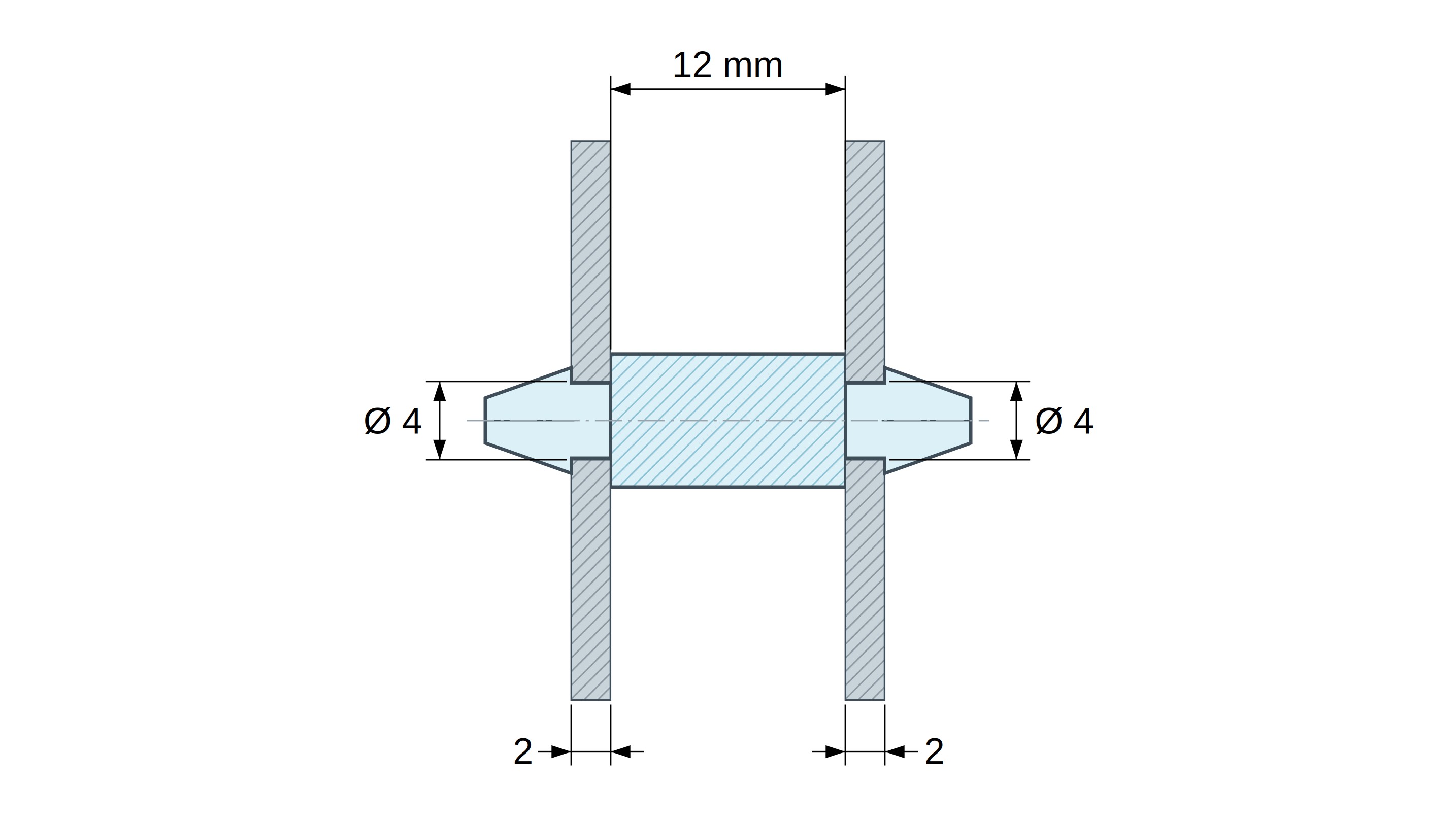 Plan coté Support de carte à clipser des deux côtés, polyamide PA6.6 naturel UL94-HB, trou de carte Ø4 mm, carte 2 mm