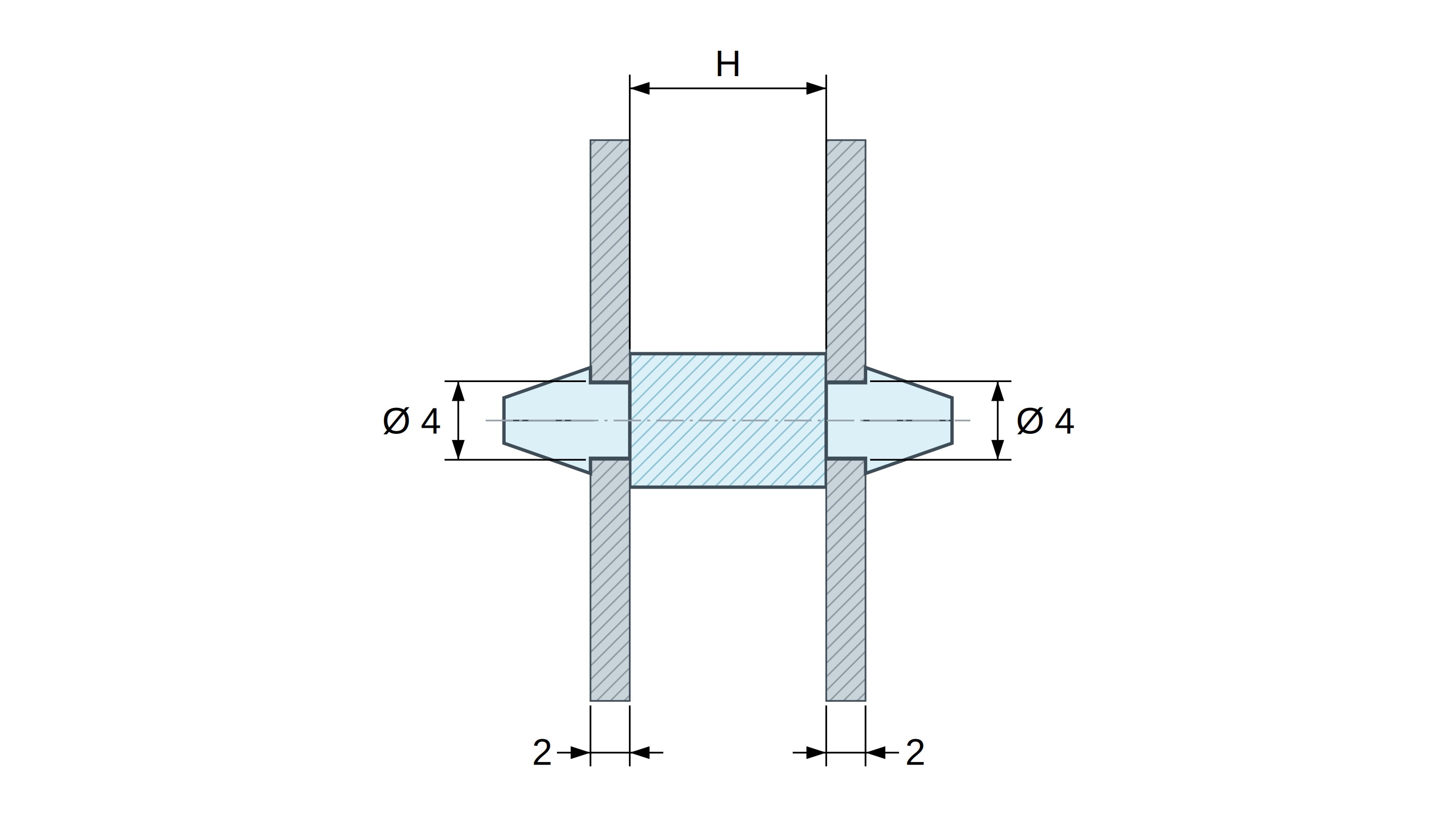 Plan coté Support de carte à clipser des deux côtés, polyamide PA6.6 noir UL94-HB, trou de carte Ø4 mm, carte 2 mm