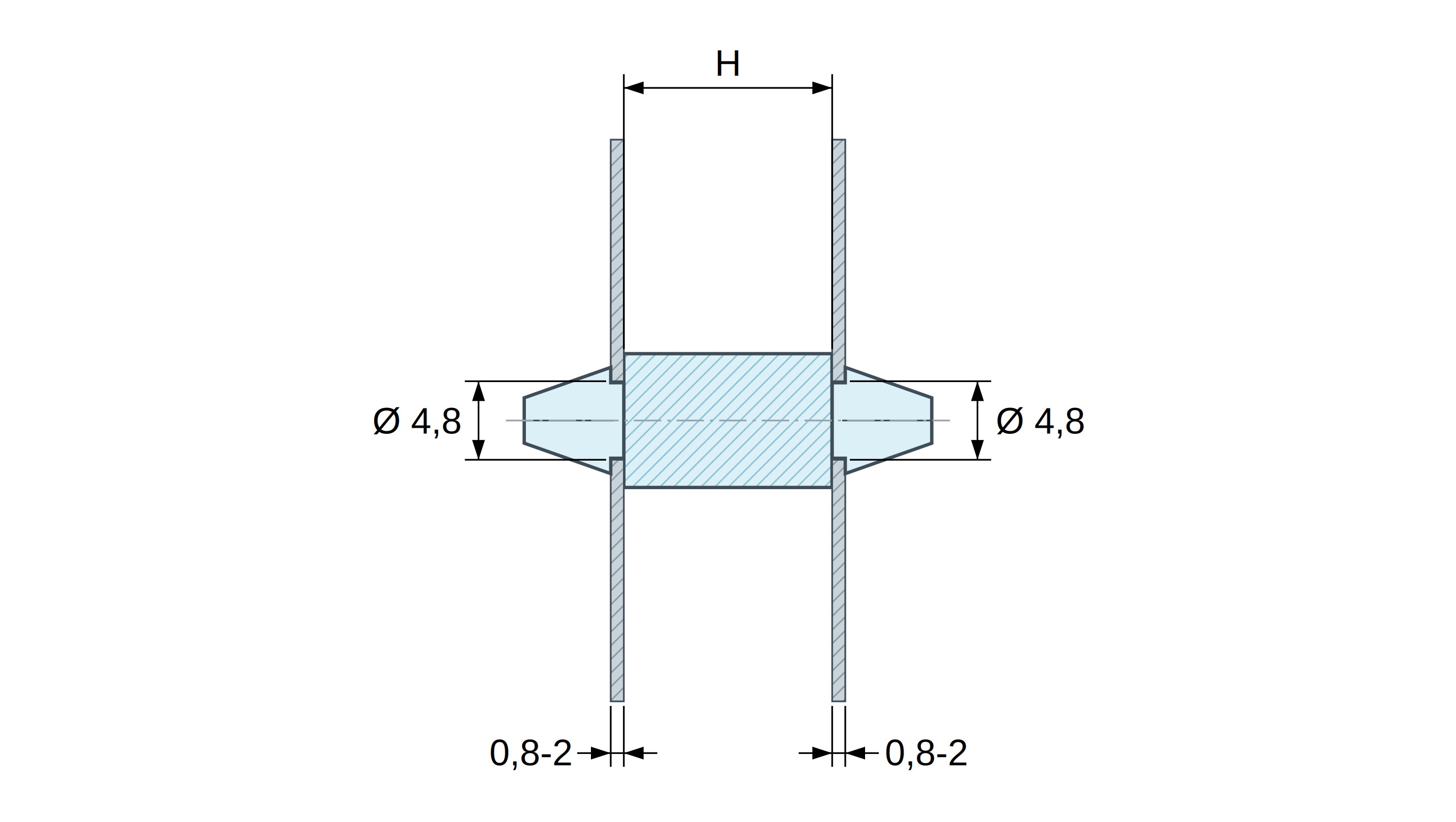 Plan coté Support de carte à clipser des deux côtés, polyamide PA6.6 naturel UL94-V2, trou de carte Ø4,8 mm, carte 0,8 à 2 mm