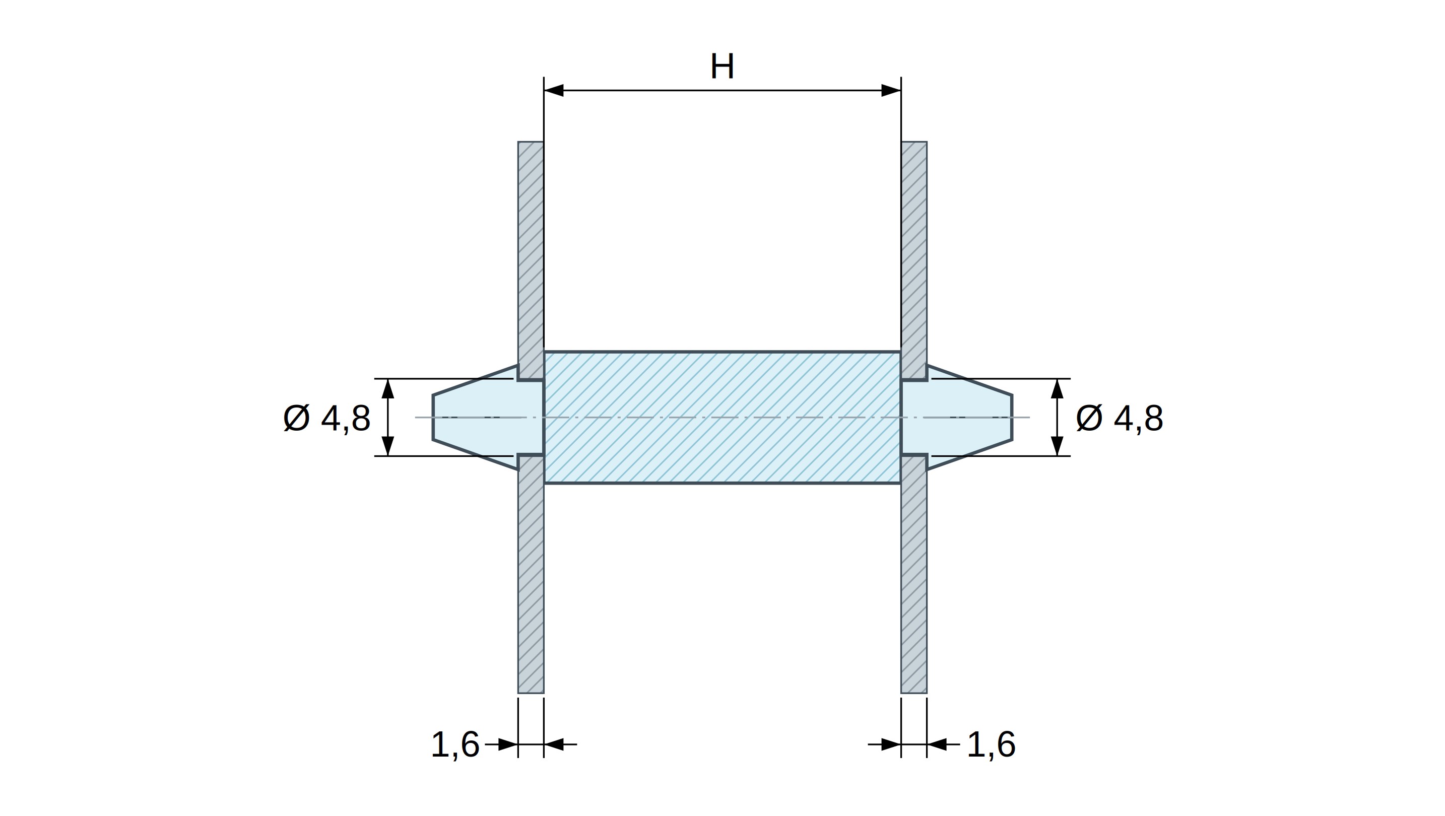 Plan coté Support de carte à clipser des deux côtés, polyamide PA6.6 naturel UL94-V2, trou de carte Ø4,8 mm, carte 1,6 mm Plan coté Support de carte à clipser des deux côtés, polyamide PA6.6 naturel UL94-V2, trou de carte Ø4,8 mm, carte 1,6 mm