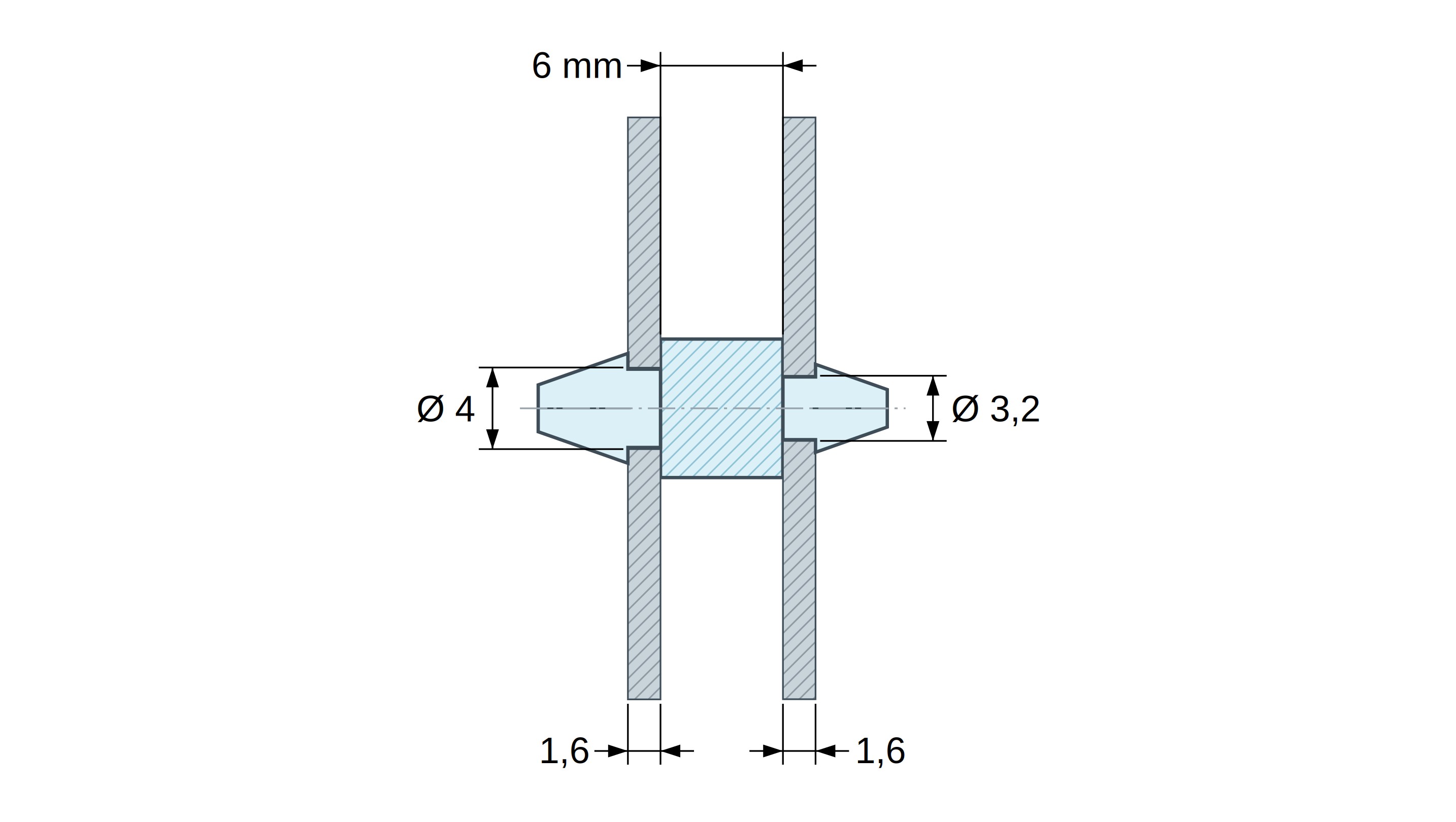 Plan coté Support de carte à clipser des deux côtés, polyamide PA6.6 noir UL94-HB, carte Ø4 mm 1,6 mm / châssis Ø3,2 mm 1,6 mm Plan coté Support de carte à clipser des deux côtés, polyamide PA6.6 noir UL94-HB, carte Ø4 mm 1,6 mm / châssis Ø3,2 mm 1,6 mm