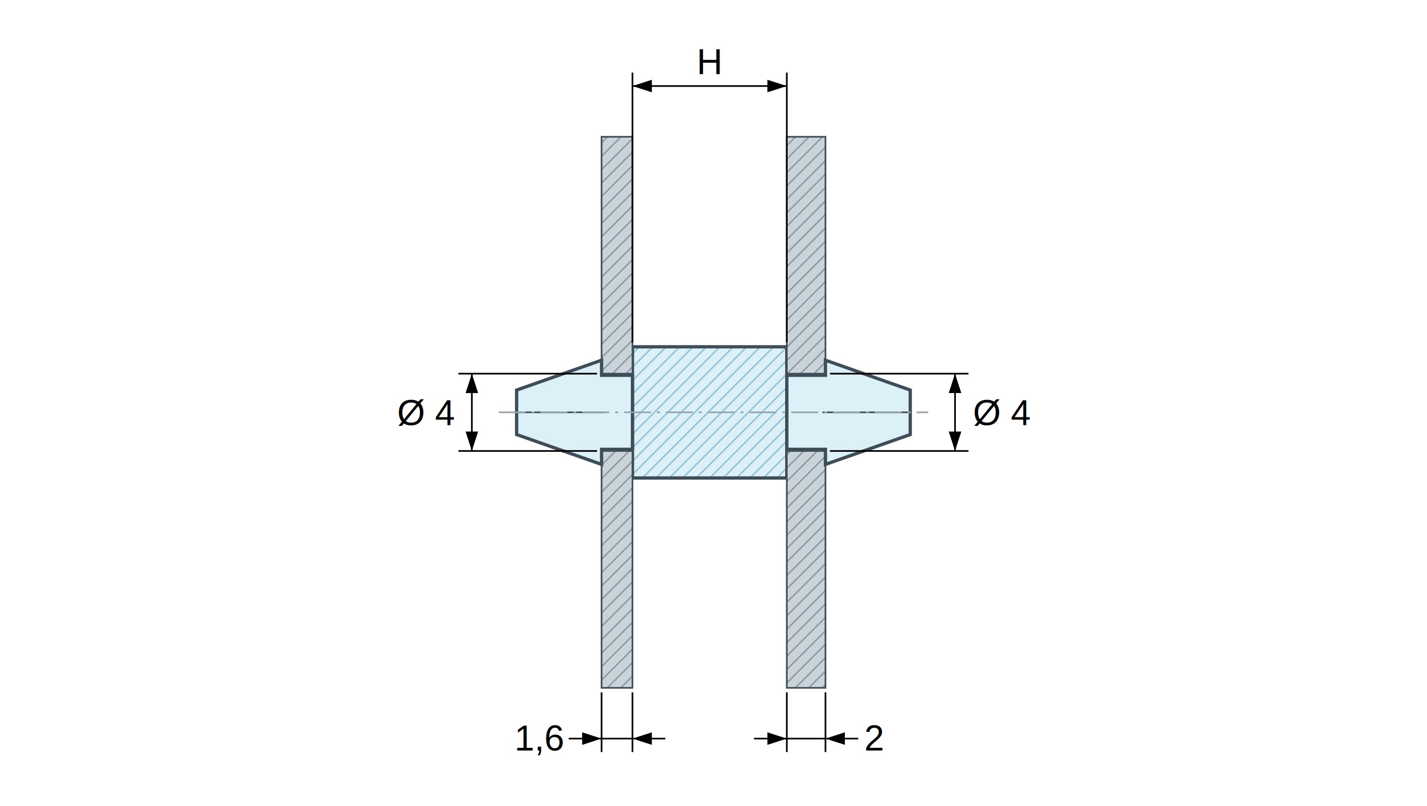 Plan coté Support de carte à clipser des deux côtés, polyamide PA6.6 noir UL94-HB, carte Ø4 mm 1,6 mm / châssis Ø4 mm 2 mm