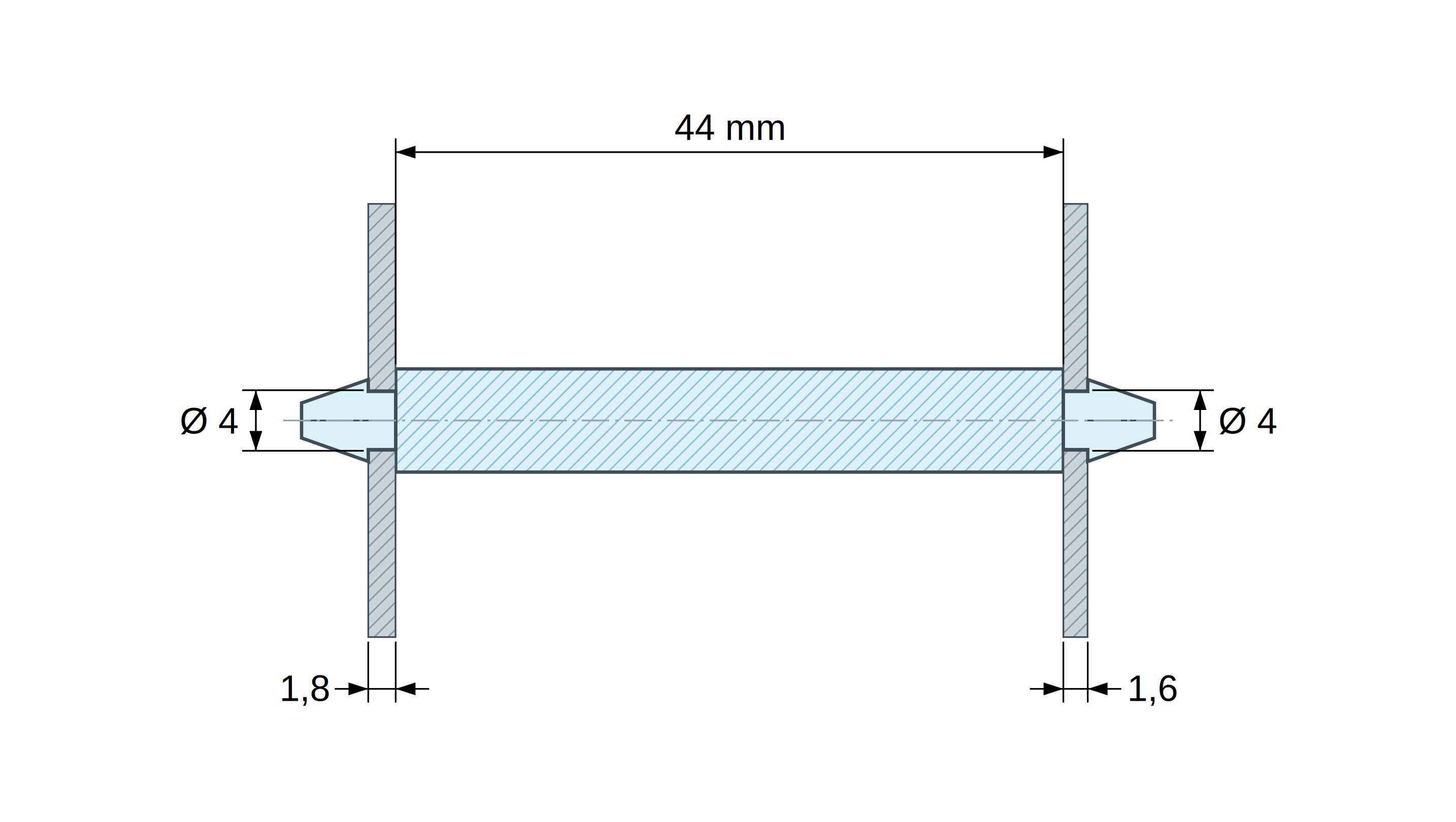 Plan coté Support de carte à clipser des deux côtés, polyamide PA6.6 noir UL94-HB, carte Ø4 mm 1,8 mm / châssis Ø4 mm 1,6 mm Plan coté Support de carte à clipser des deux côtés, polyamide PA6.6 noir UL94-HB, carte Ø4 mm 1,8 mm / châssis Ø4 mm 1,6 mm