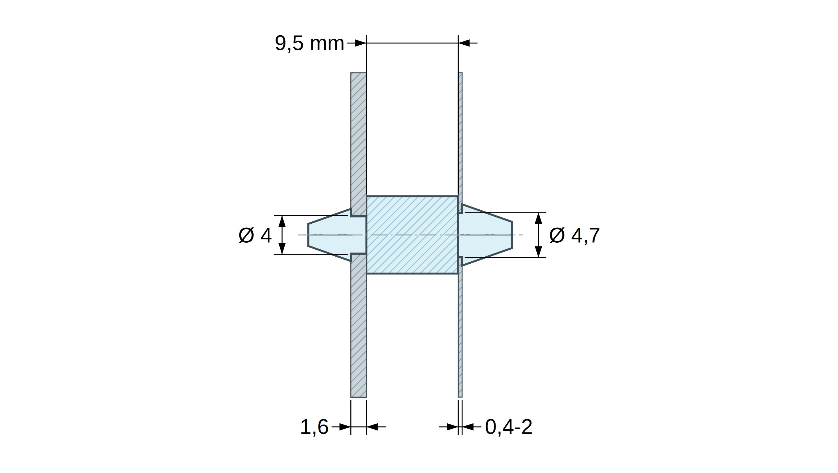 Plan coté Support de carte à clipser des deux côtés, polyamide PA6.6 naturel UL94-V2, carte Ø4 mm 1,6 mm / châssis Ø4,7 mm 0,4 à 2 mm
