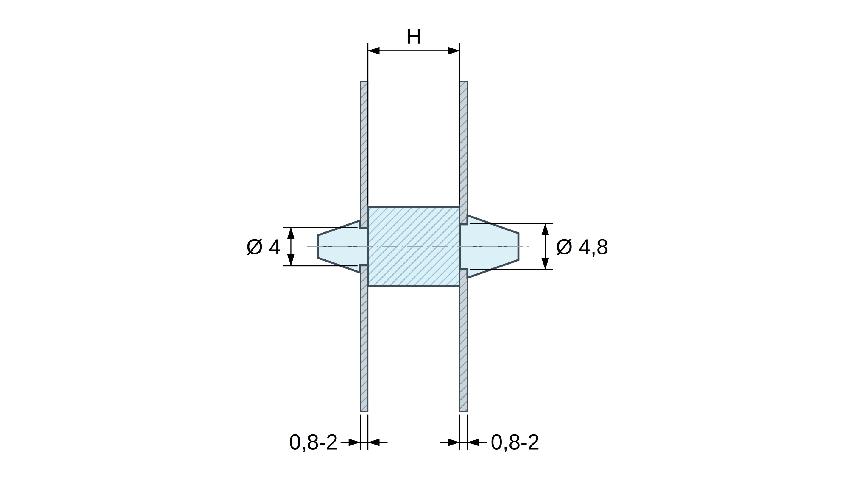 Plan coté Support de carte à clipser des deux côtés, polyamide PA6.6 naturel UL94-V2, carte Ø4 mm 0,8 à 2 mm / châssis Ø4,8 mm 0,8 à 2 mm