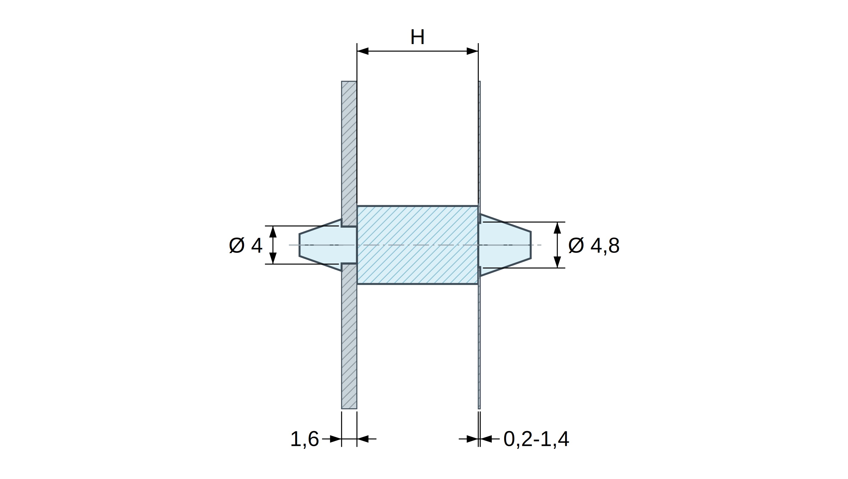 Plan coté Support de carte à clipser des deux côtés, polyamide PA6.6 naturel UL94-V2, carte Ø4 mm 1,6 mm / châssis Ø4,8 mm 0,2 à 1,4 mm Plan coté Support de carte à clipser des deux côtés, polyamide PA6.6 naturel UL94-V2, carte Ø4 mm 1,6 mm / châssis Ø4,8 mm 0,2 à 1,4 mm