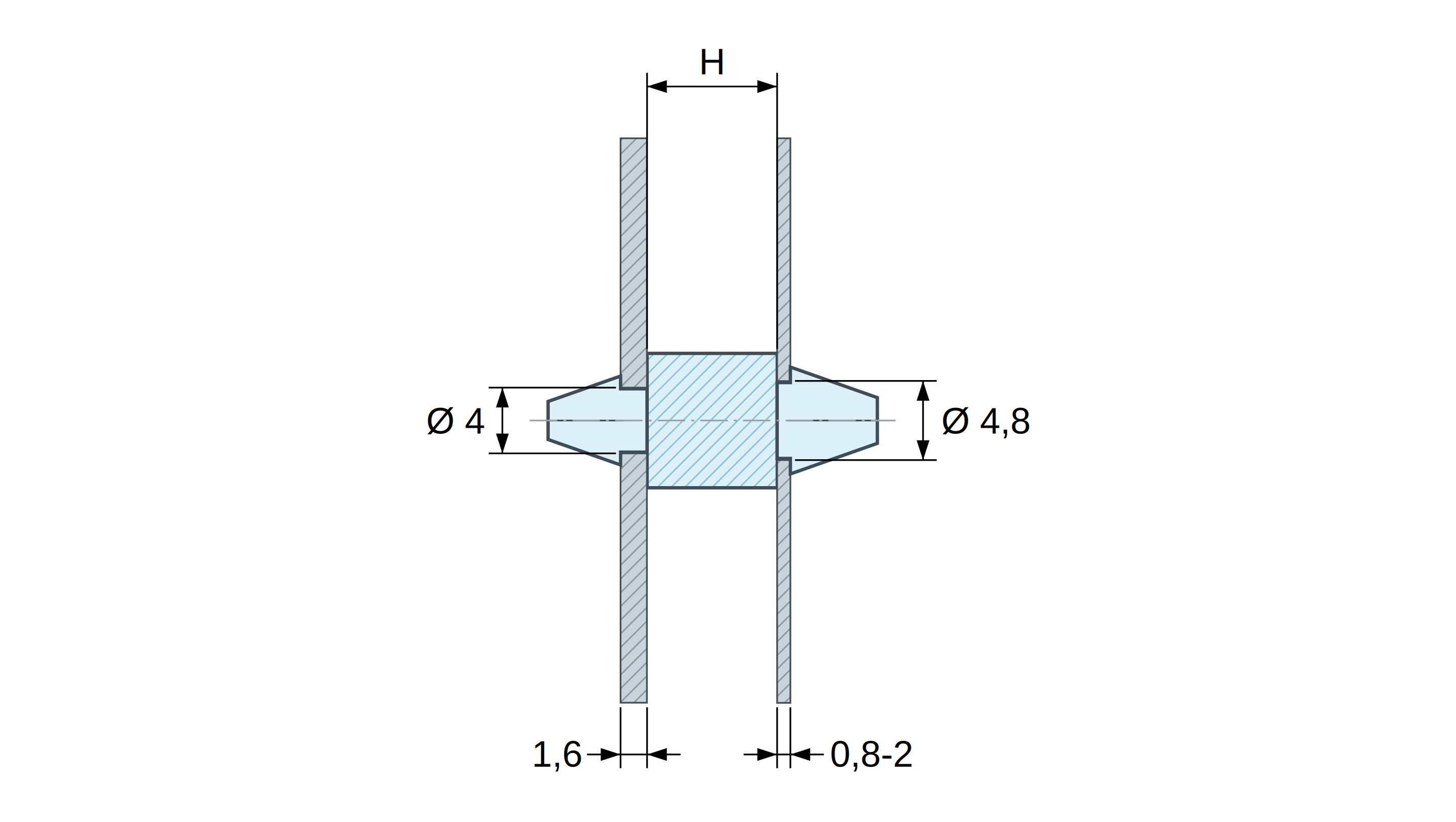 Plan coté Support de carte à clipser des deux côtés, polyamide PA6.6 naturel UL94-V0, carte Ø4 mm 1,6 mm / châssis Ø4,8 mm 0,8 à 2 mm Plan coté Support de carte à clipser des deux côtés, polyamide PA6.6 naturel UL94-V0, carte Ø4 mm 1,6 mm / châssis Ø4,8 mm 0,8 à 2 mm