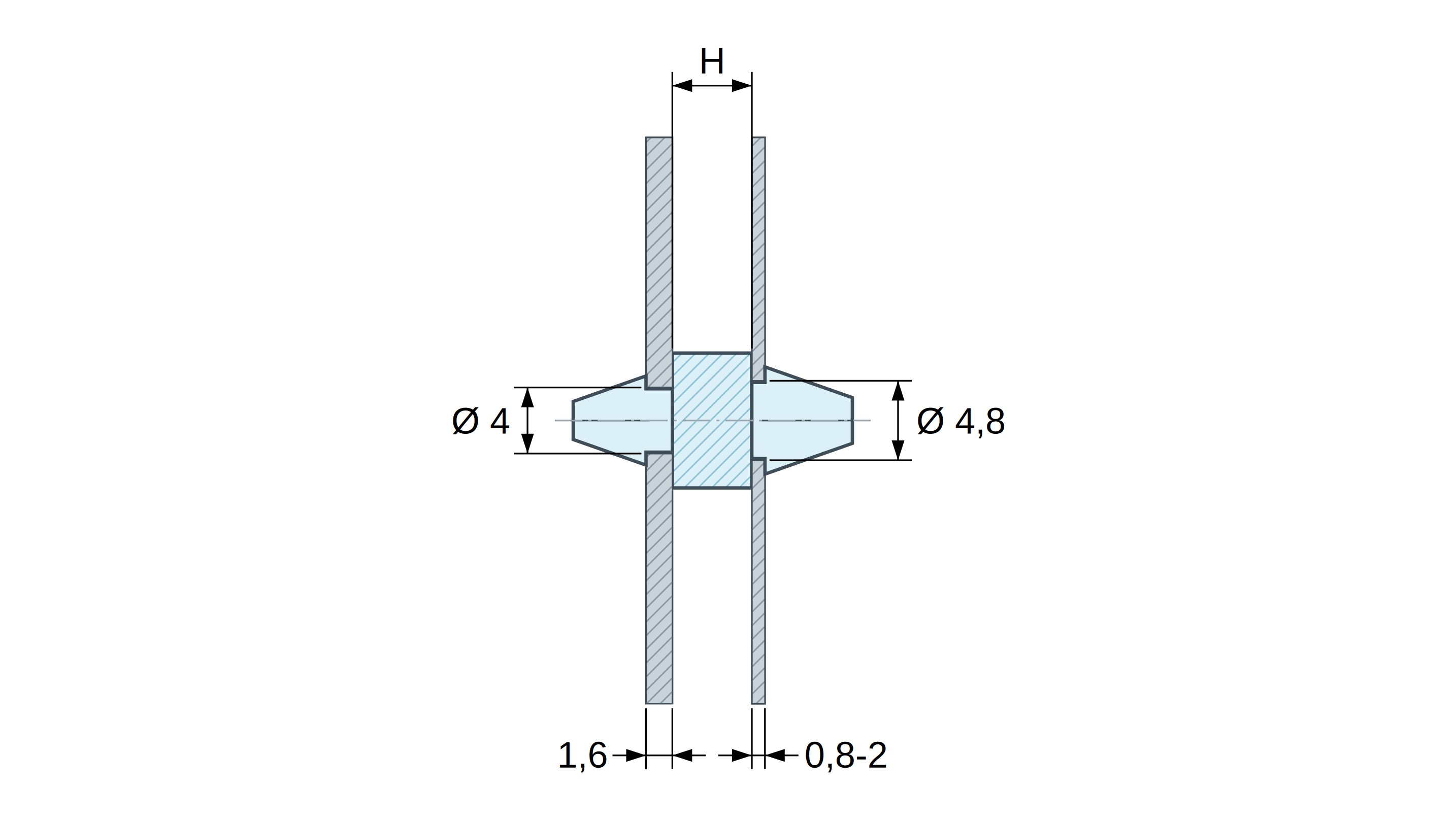 Plan coté Support de carte à clipser des deux côtés, polyamide PA6.6 naturel UL94-V2, carte Ø4 mm 1,6 mm / châssis Ø4,8 mm 0,8 à 2 mm Plan coté Support de carte à clipser des deux côtés, polyamide PA6.6 naturel UL94-V2, carte Ø4 mm 1,6 mm / châssis Ø4,8 mm 0,8 à 2 mm
