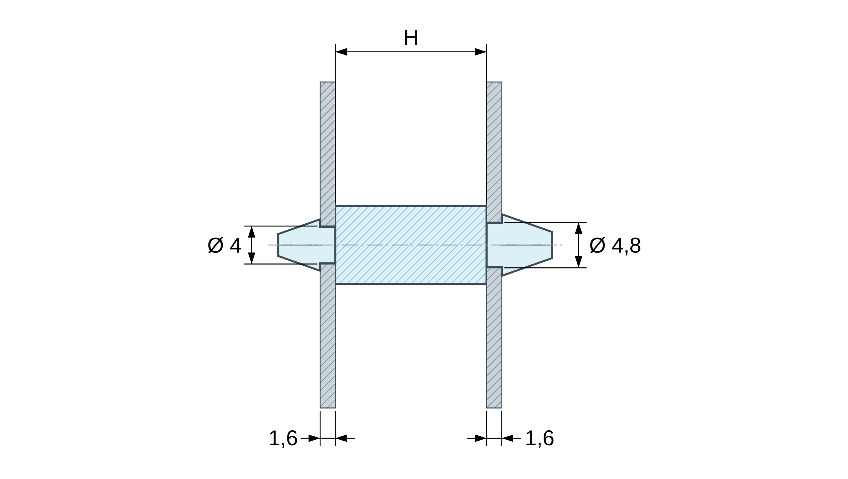 Plan coté Support de carte à clipser des deux côtés, polyamide PA6.6 naturel UL94-V2, carte Ø4 mm 1,6 mm / châssis Ø4,8 mm 1,6 mm
