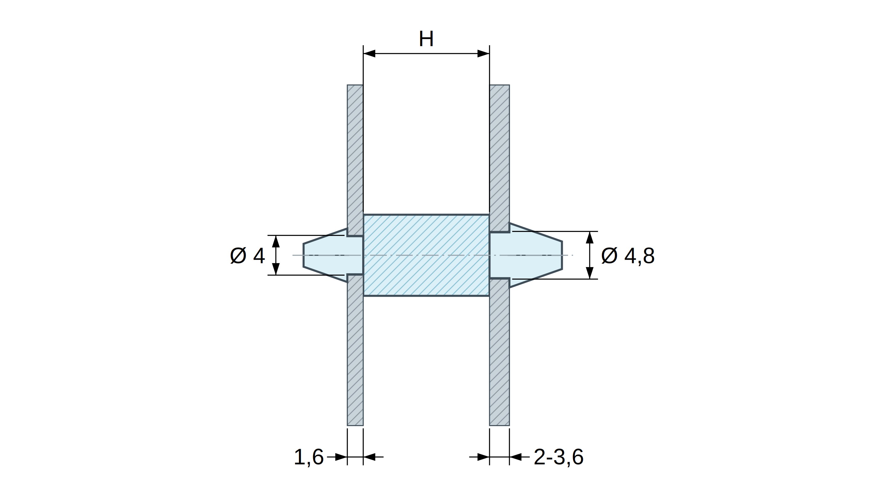 Plan coté Support de carte à clipser des deux côtés, polyamide PA6.6 naturel UL94-V2, carte Ø4 mm 1,6 mm / châssis Ø4,8 mm 2 à 3,6 mm