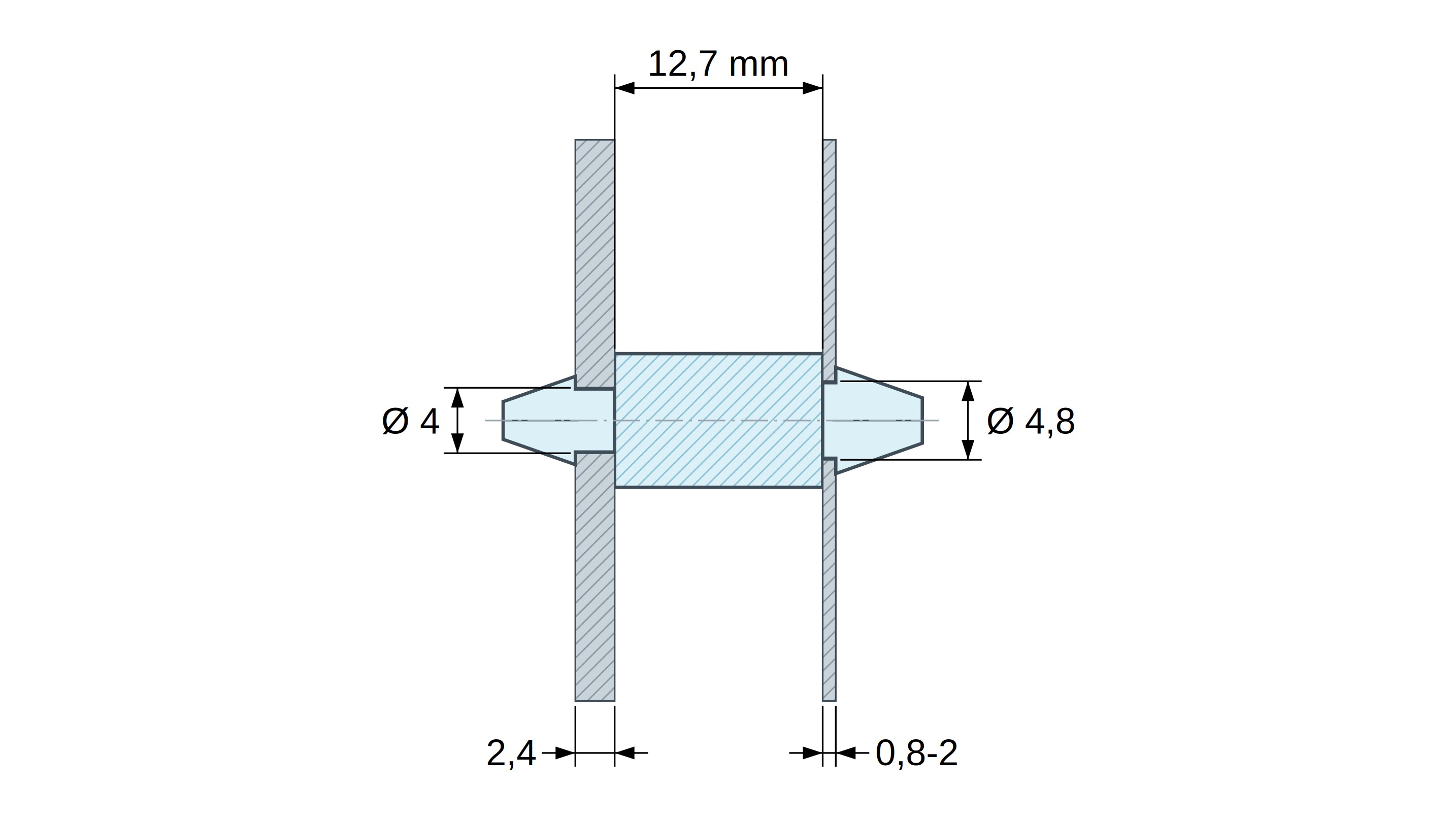 Plan coté Support de carte à clipser des deux côtés, polyamide PA6.6 naturel UL94-V2, carte Ø4 mm 2,4 mm / châssis Ø4,8 mm 0,8 à 2 mm Plan coté Support de carte à clipser des deux côtés, polyamide PA6.6 naturel UL94-V2, carte Ø4 mm 2,4 mm / châssis Ø4,8 mm 0,8 à 2 mm