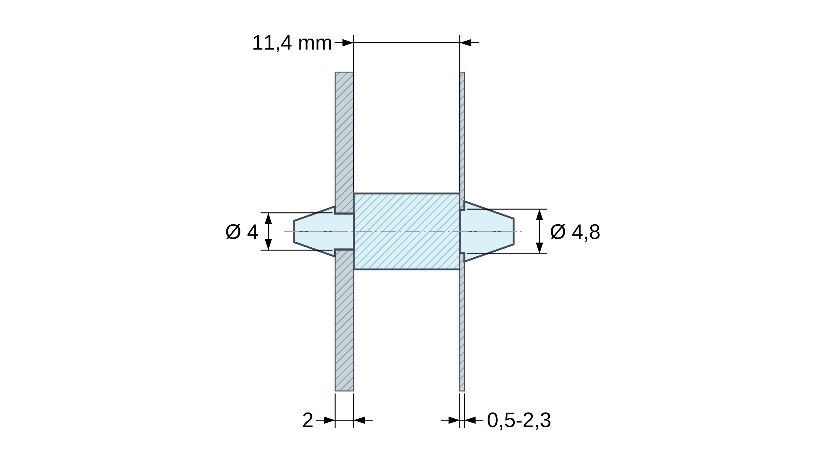 Plan coté Support de carte à clipser des deux côtés, polyamide PA6.6 naturel UL94-V2, carte Ø4 mm 2 mm / châssis Ø4,8 mm 0,5 à 2,3 mm