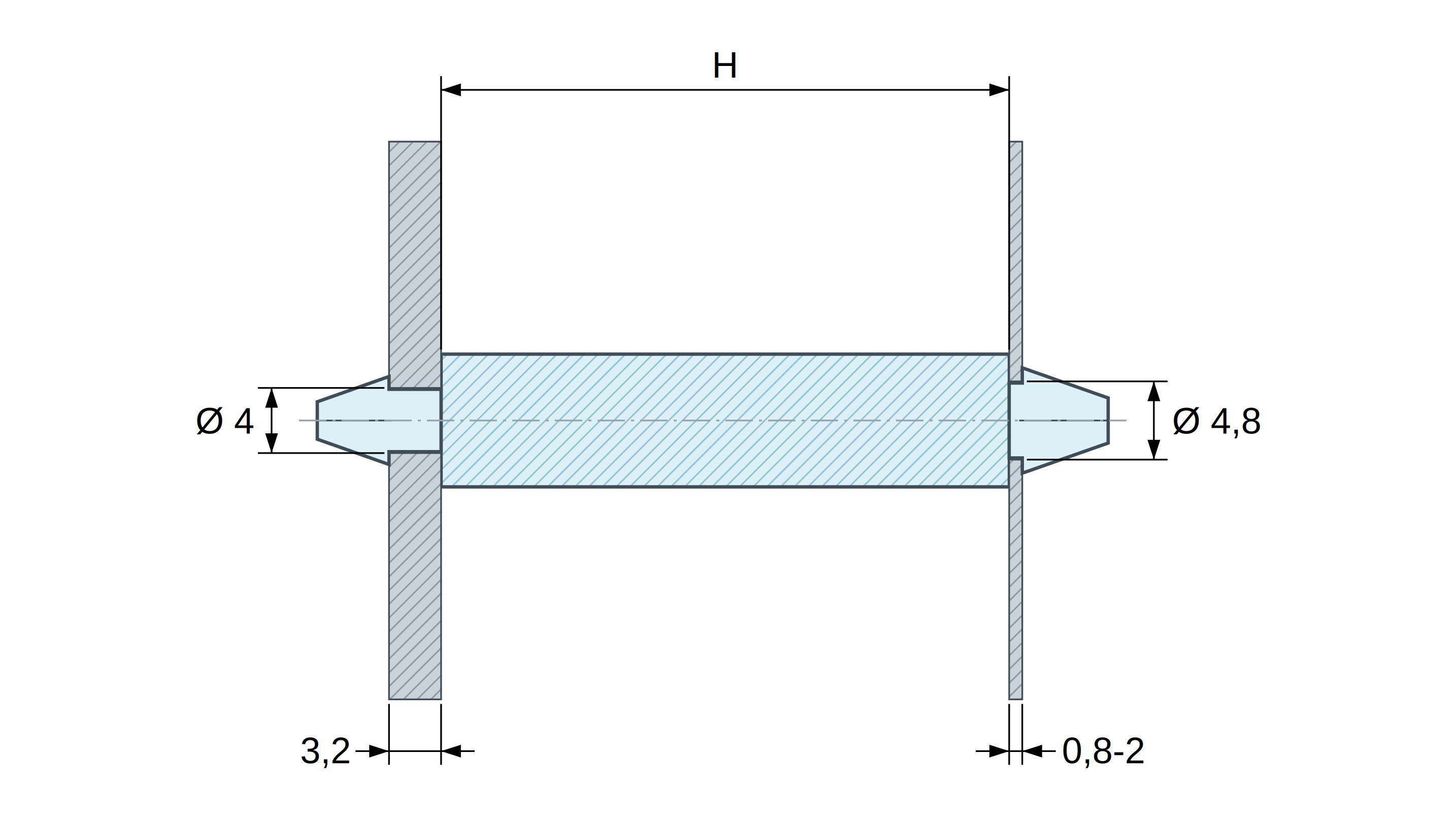 Plan coté Support de carte à clipser des deux côtés, polyamide PA6.6 naturel UL94-V2, carte Ø4 mm 3,2 mm / châssis Ø4,8 mm 0,8 à 2 mm