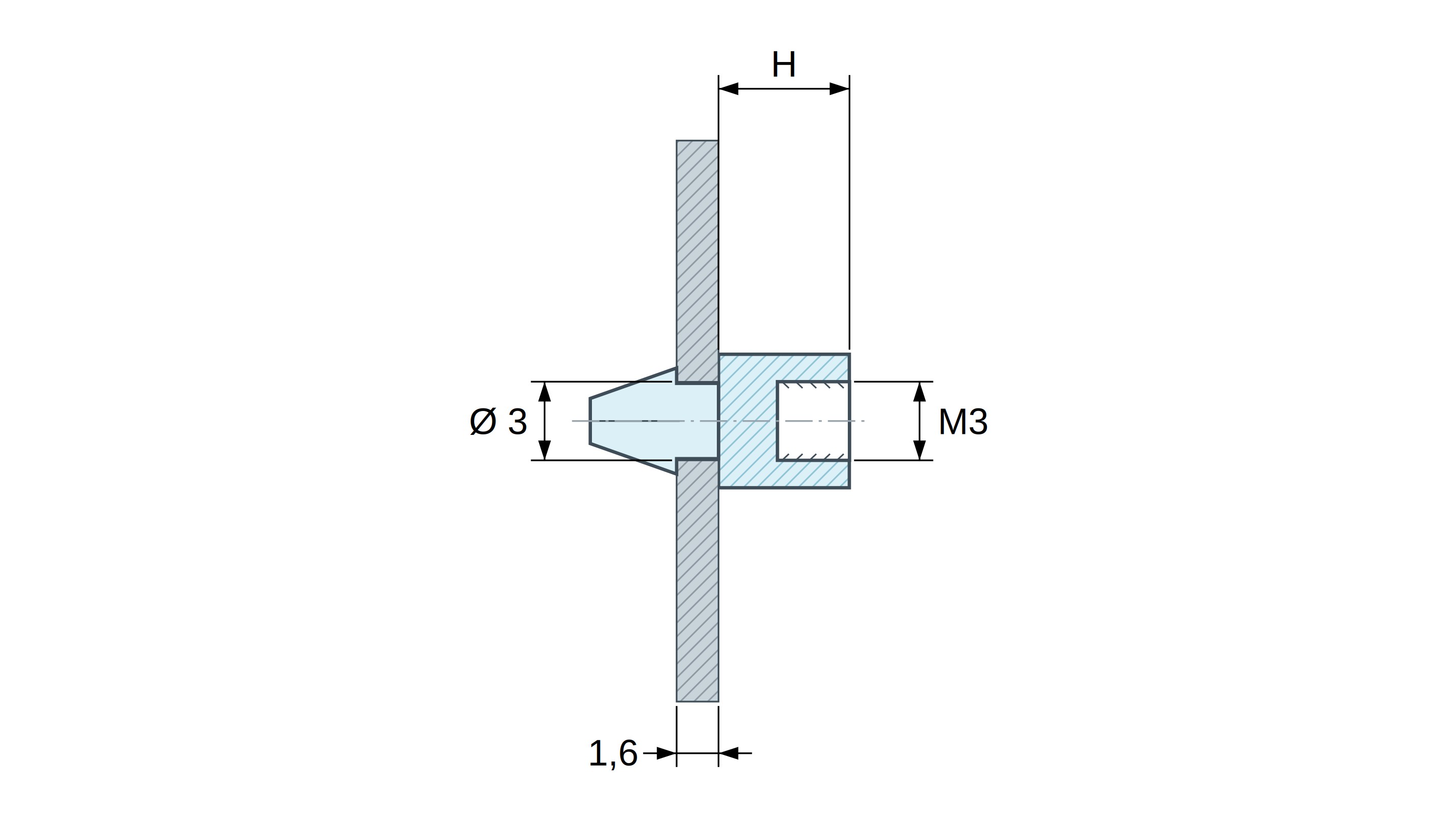 Plan coté Support de carte à clipser, taraudé M3, polyamide PA6.6 noir UL94-HB, trou de carte Ø3 mm, carte 1,6 mm
