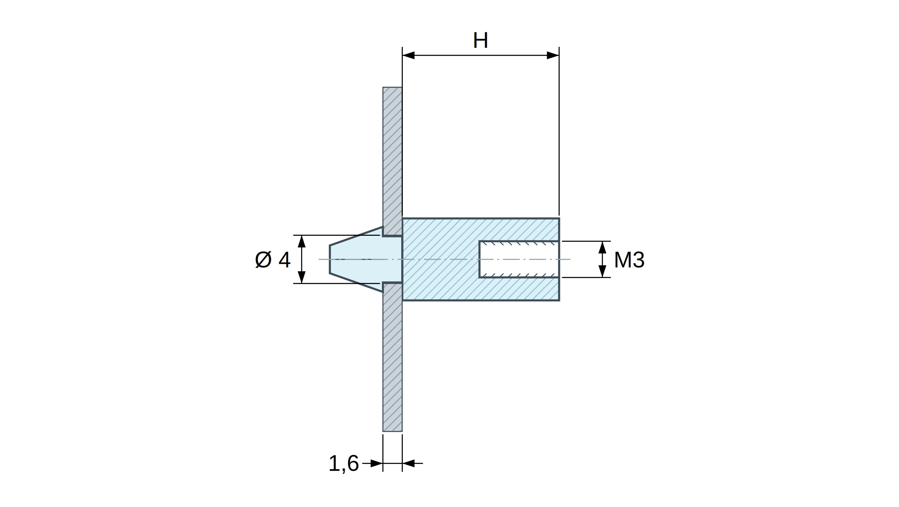 Plan coté Support de carte à clipser, taraudé M3, polyamide PA6.6 noir UL94-HB, trou de carte Ø4 mm, carte 1,6 mm