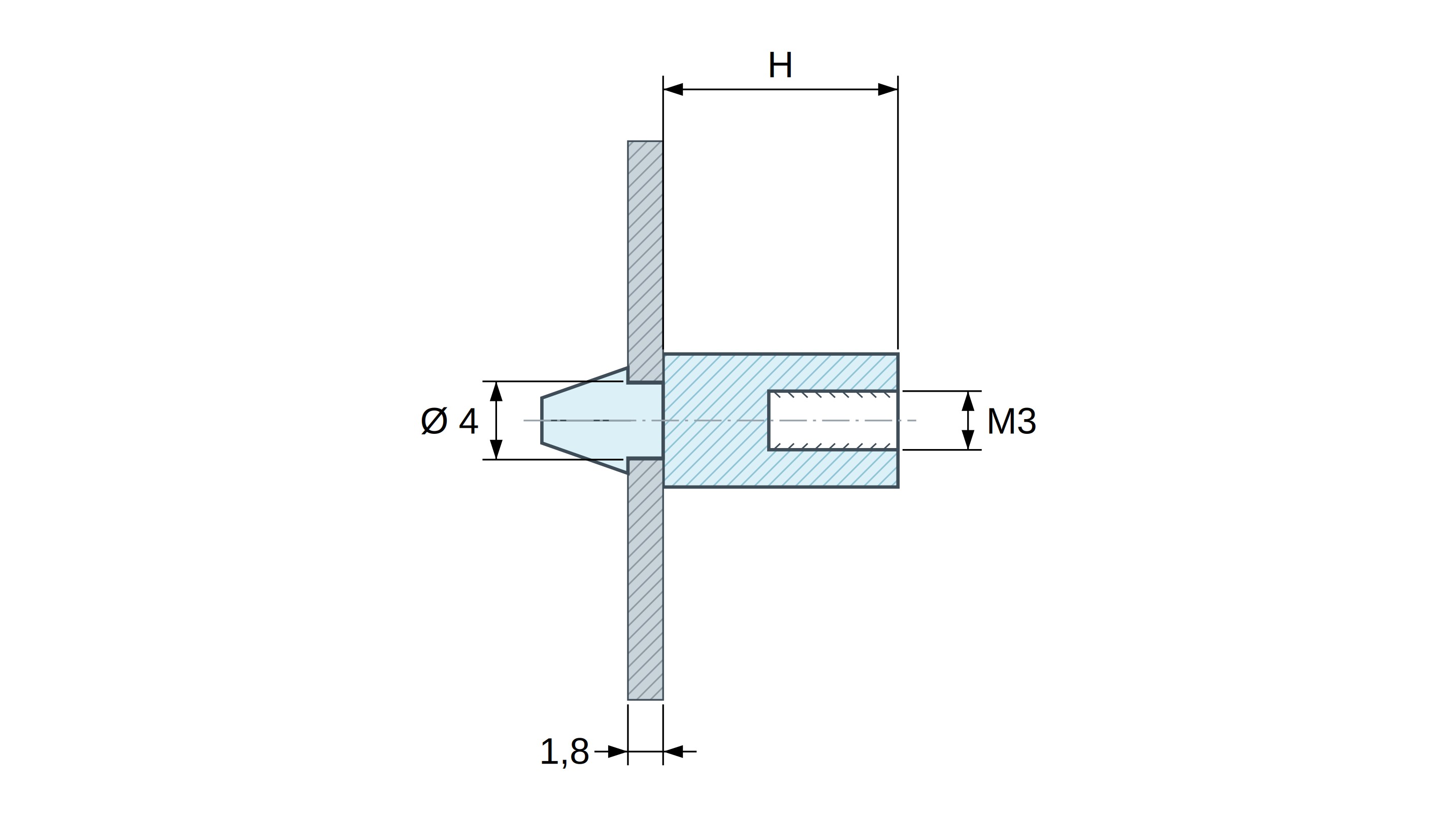 Plan coté Support de carte à clipser, taraudé M3, polyamide PA6.6 noir UL94-HB, trou de carte Ø4 mm, carte 1,8 mm