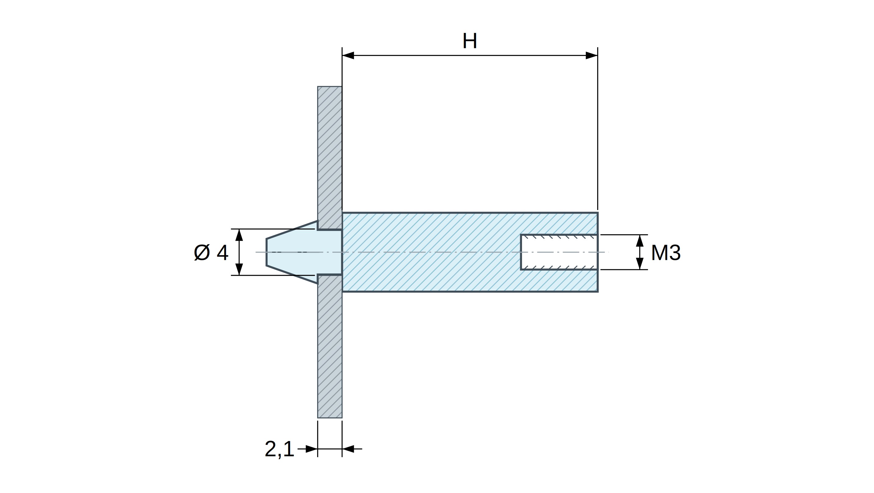 Plan coté Support de carte à clipser, taraudé M3, polyamide PA6.6 noir UL94-HB, trou de carte Ø4 mm, carte 2,1 mm