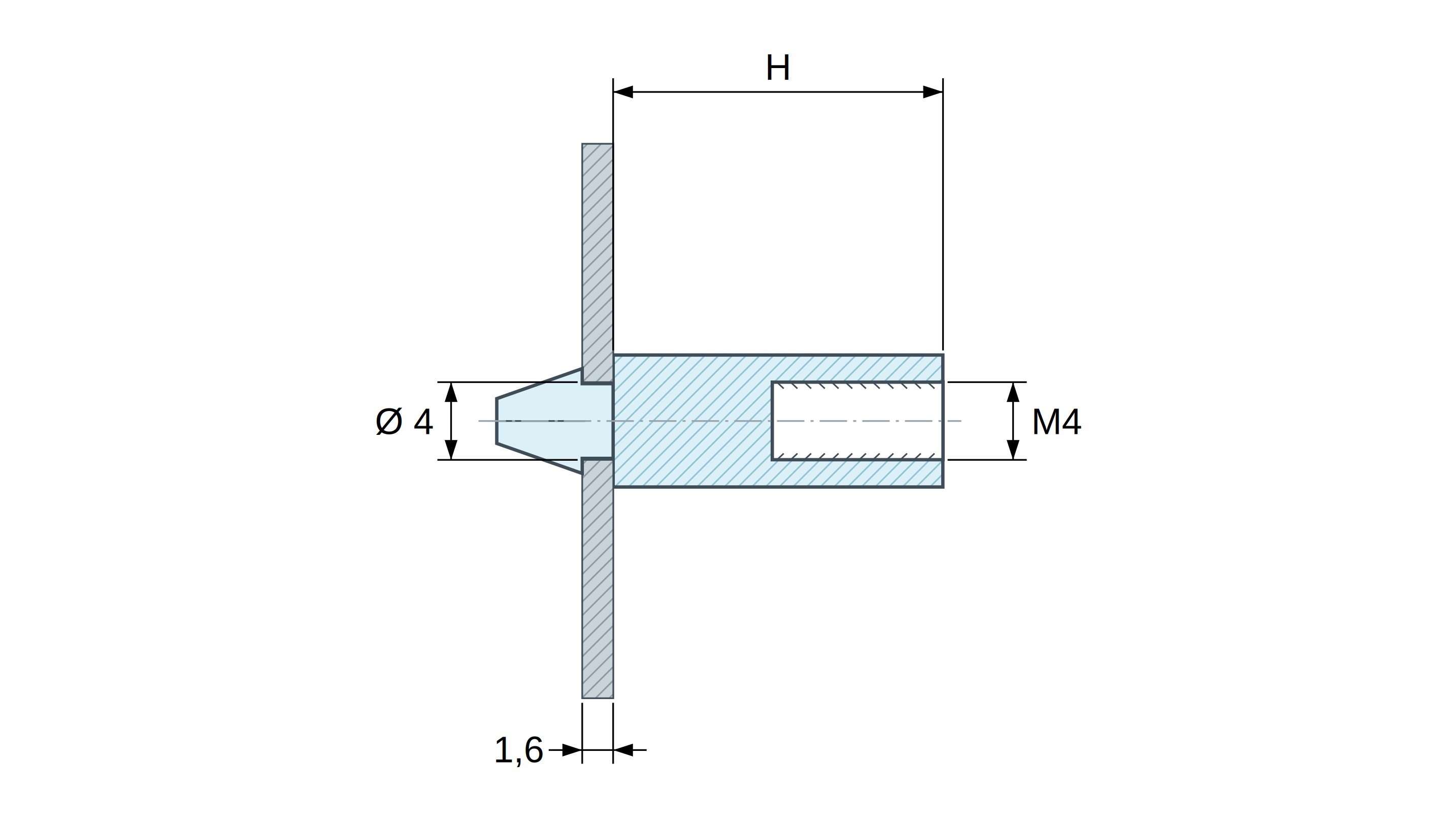 Plan coté Support de carte à clipser, taraudé M4, polyamide PA6.6 noir UL94-HB, trou de carte Ø4 mm, carte 1,6 mm