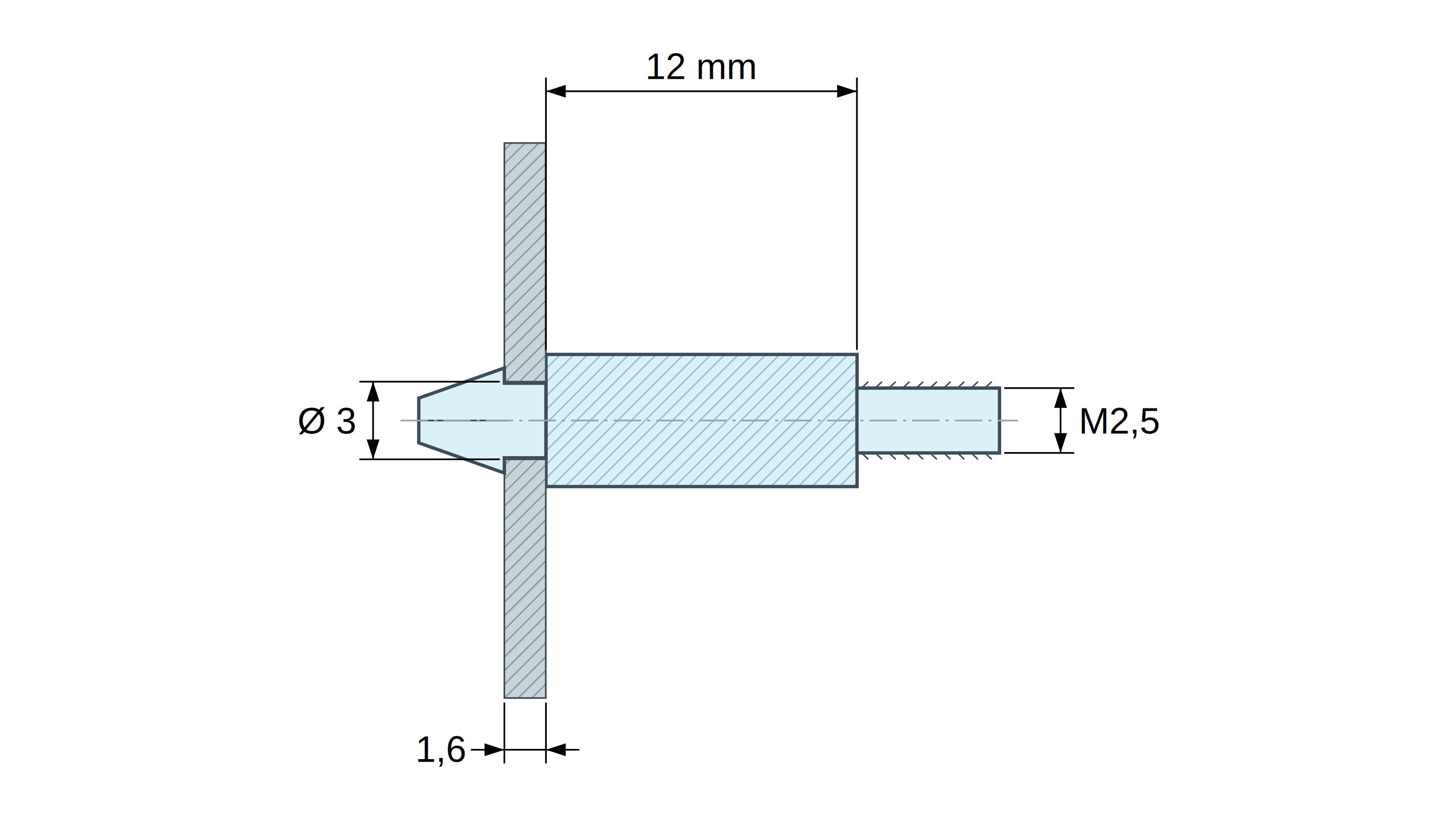 Plan coté Support de carte à clipser, fileté M2,5, polyamide PA6.6 noir UL94-HB, trou de carte Ø3 mm, carte 1,6 mm