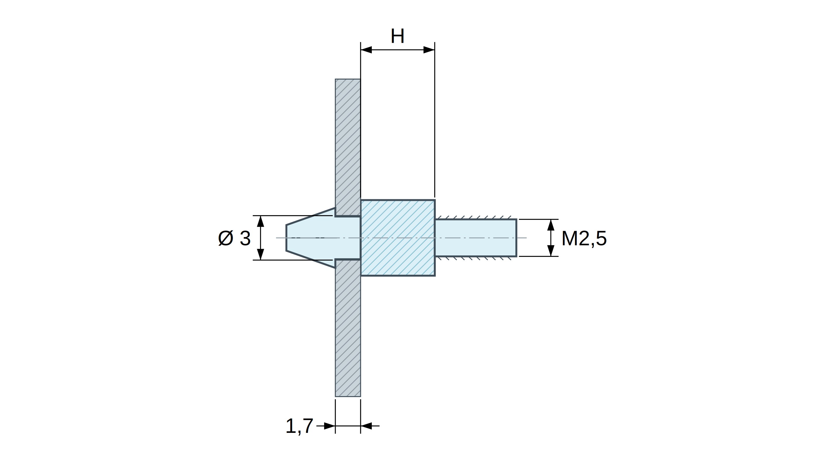 Plan coté Support de carte à clipser, fileté M2,5, polyamide PA6.6 noir UL94-HB, trou de carte Ø3 mm, carte 1,7 mm Plan coté Support de carte à clipser, fileté M2,5, polyamide PA6.6 noir UL94-HB, trou de carte Ø3 mm, carte 1,7 mm