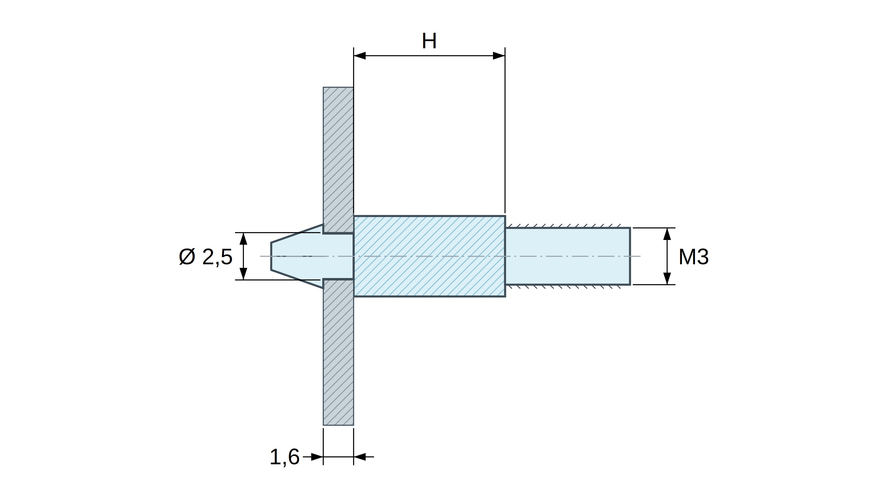 Plan coté Support de carte à clipser, fileté M3, polyamide PA6.6 noir UL94-HB, trou de carte Ø2,5 mm, carte 1,6 mm Plan coté Support de carte à clipser, fileté M3, polyamide PA6.6 noir UL94-HB, trou de carte Ø2,5 mm, carte 1,6 mm
