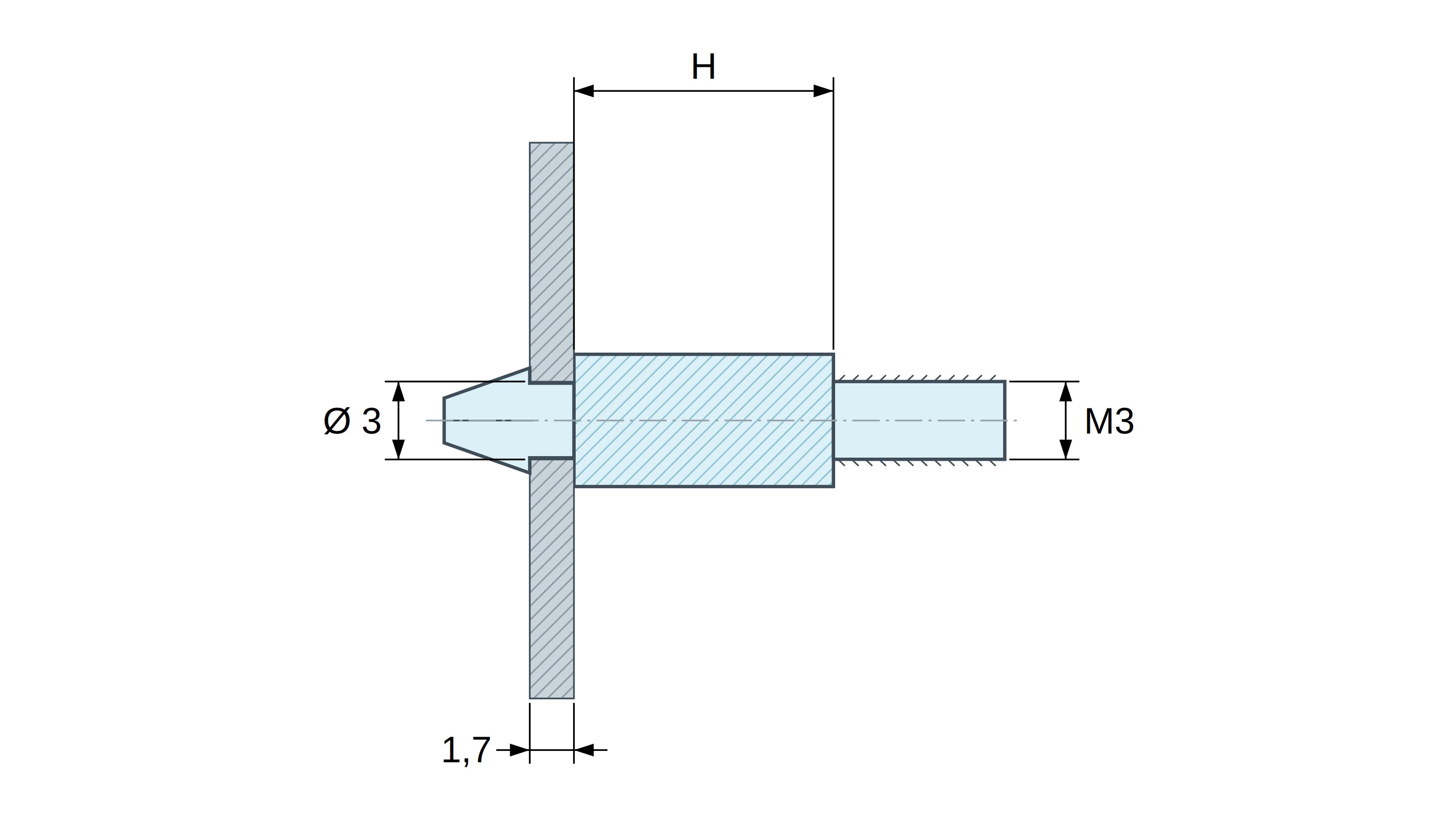Plan coté Support de carte à clipser, fileté M3, polyamide PA6.6 noir UL94-HB, trou de carte Ø3 mm, carte 1,7 mm