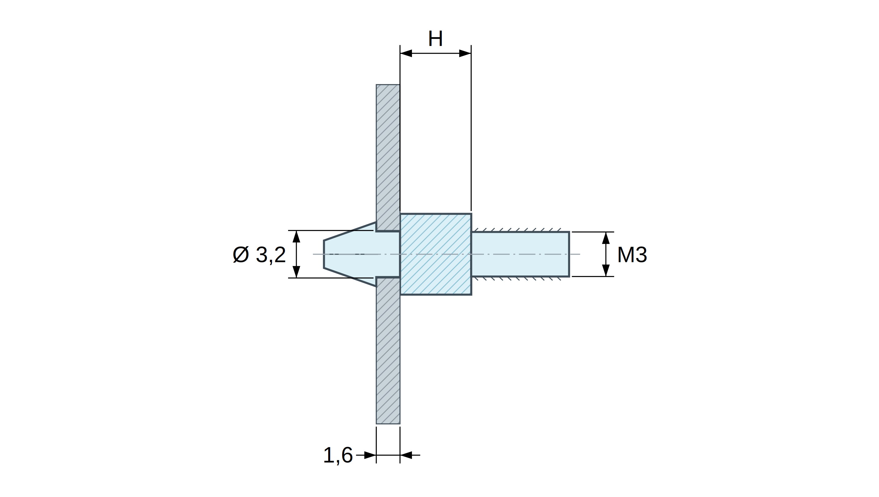 Plan coté Support de carte à clipser, fileté M3, polyamide PA6.6 naturel UL94-V2, trou de carte Ø3,2 mm, carte 1,6 mm