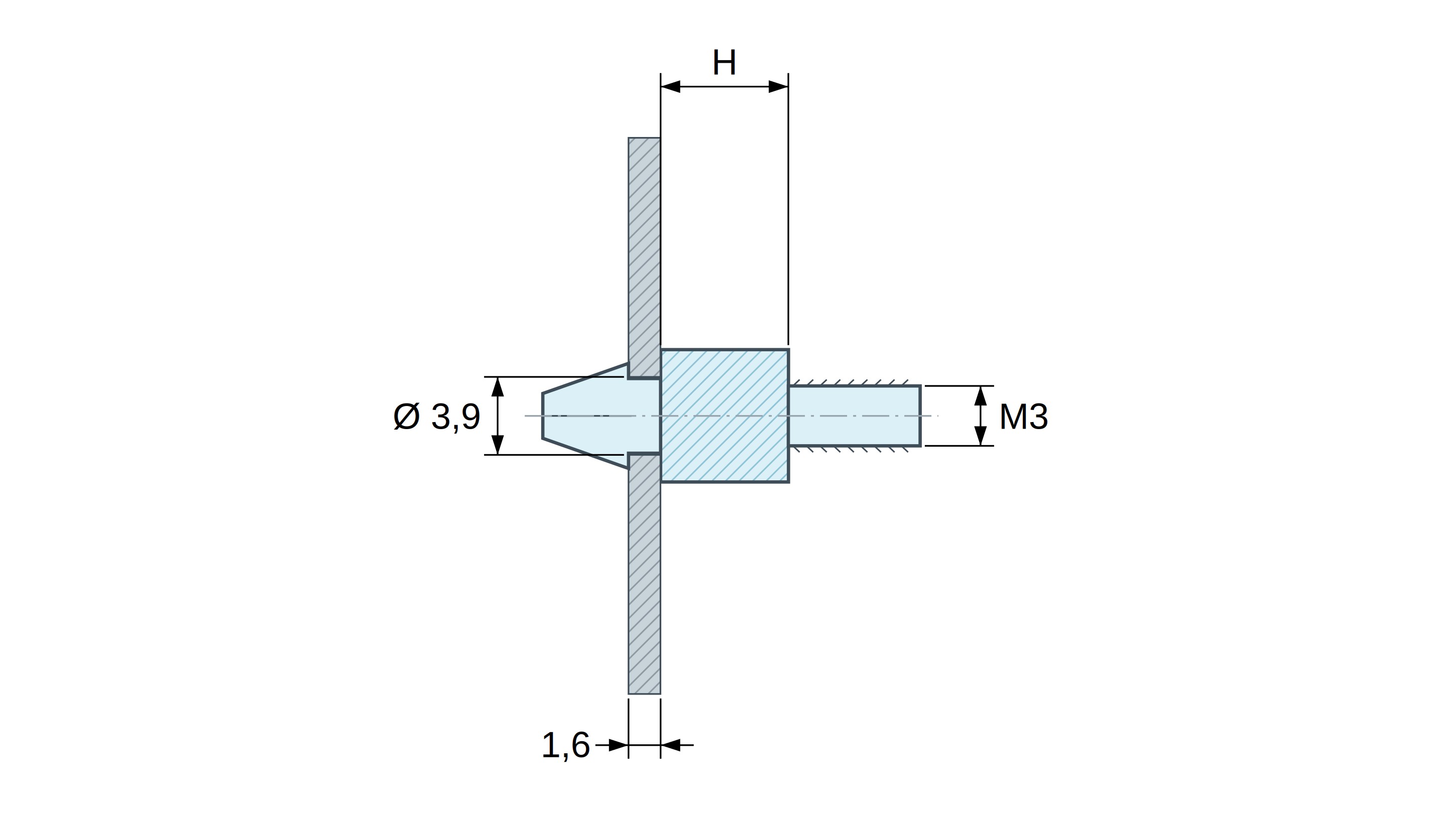 Plan coté Support de carte à clipser, fileté M3, polyamide PA6.6 naturel UL94-V2, trou de carte Ø3,9 mm, carte 1,6 mm