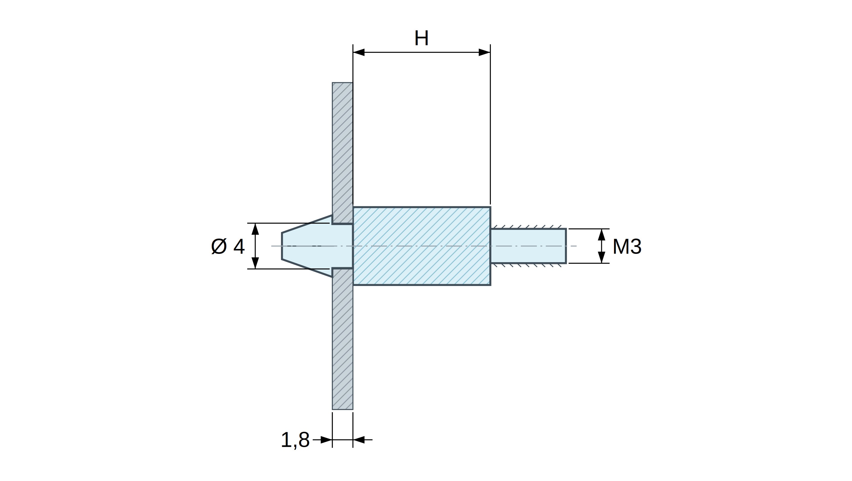 Plan coté Support de carte à clipser, fileté M3, polyamide PA6.6 noir UL94-HB, trou de carte Ø4 mm, carte 1,8 mm