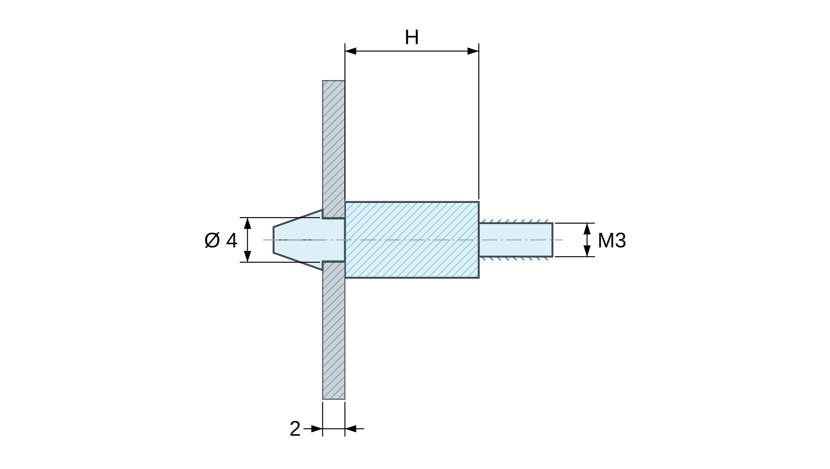 Plan coté Support de carte à clipser, fileté M3, polyamide PA6.6 noir UL94-HB, trou de carte Ø4 mm, carte 2 mm