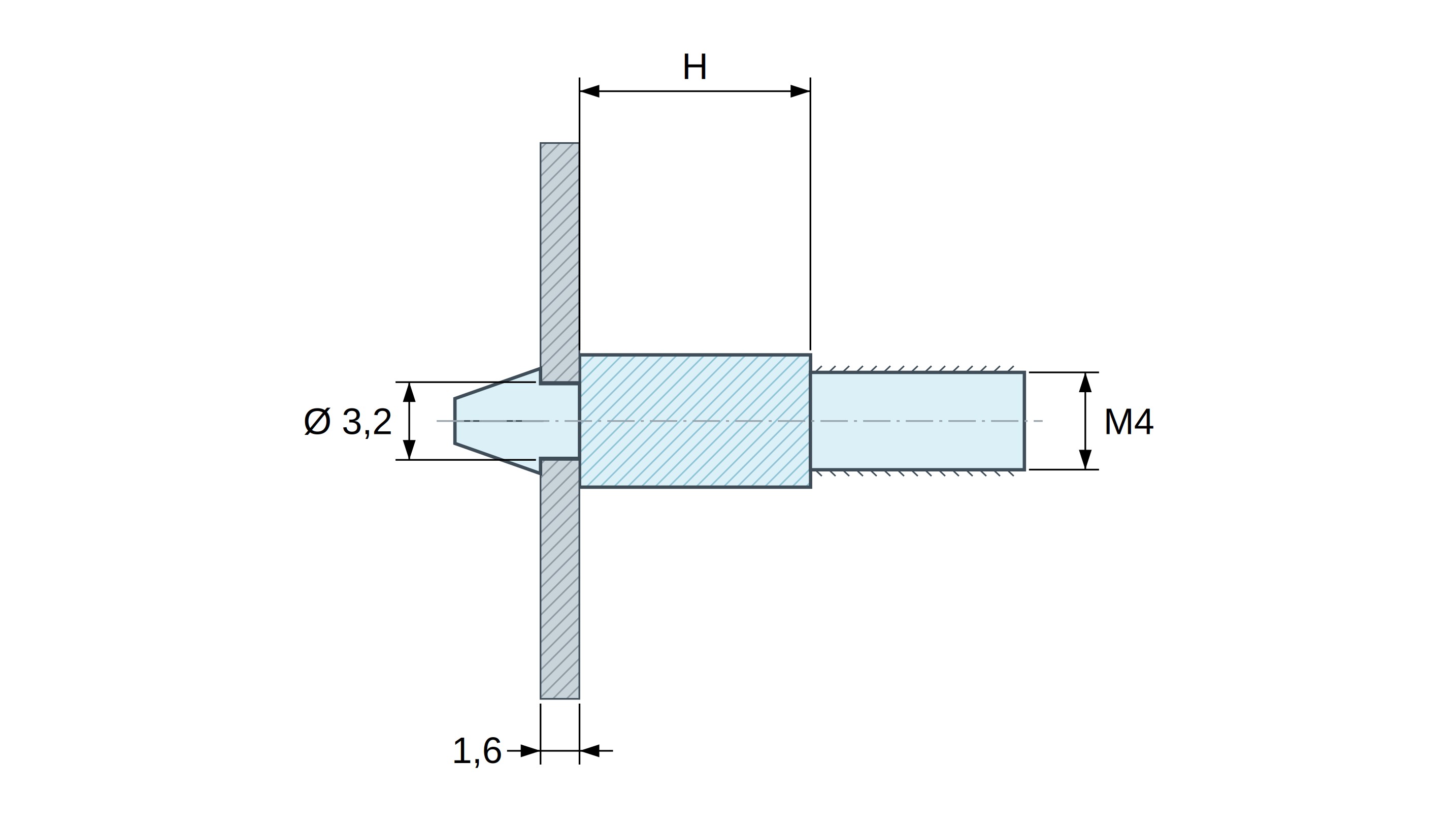 Plan coté Support de carte à clipser, fileté M4, polyamide PA6.6 naturel UL94-V2, trou de carte Ø3,2 mm, carte 1,6 mm