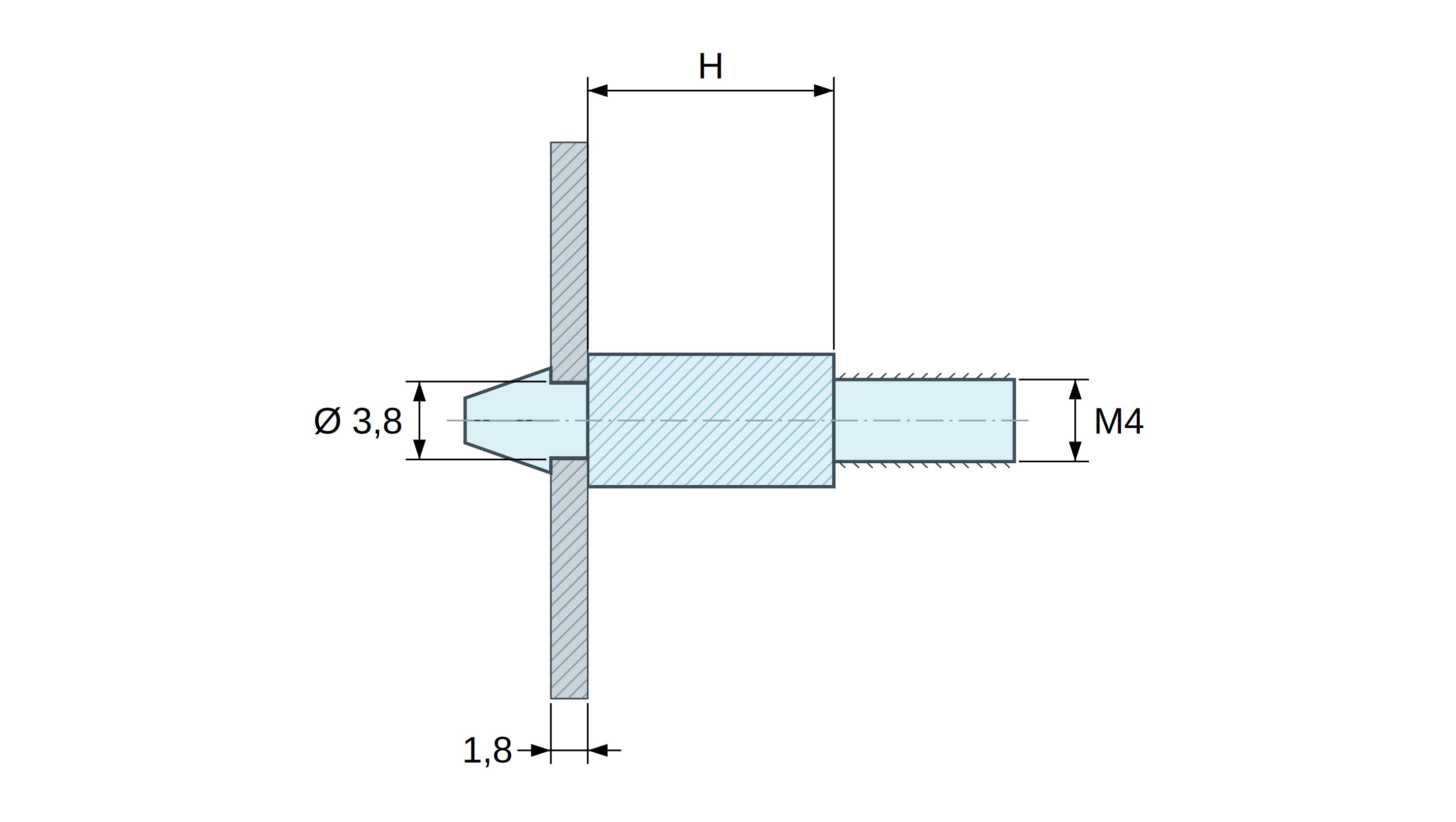 Plan coté Support de carte à clipser, fileté M4, polyamide PA6.6 noir UL94-HB, trou de carte Ø3,8 mm, carte 1,8 mm