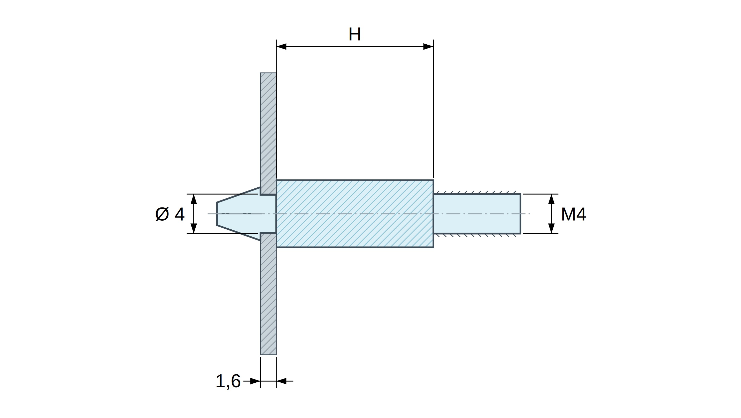 Plan coté Support de carte à clipser, fileté M4, polyamide PA6.6 naturel UL94-V0, trou de carte Ø4 mm, carte 1,6 mm Plan coté Support de carte à clipser, fileté M4, polyamide PA6.6 naturel UL94-V0, trou de carte Ø4 mm, carte 1,6 mm