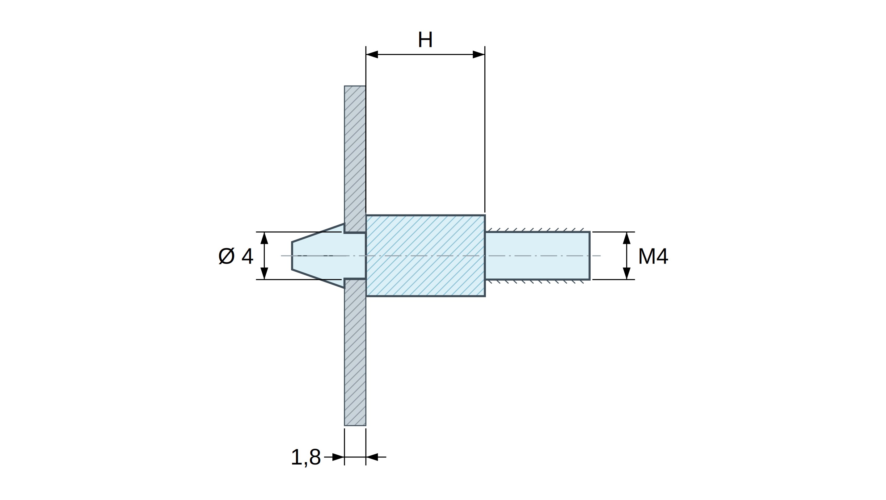 Plan coté Support de carte à clipser, fileté M4, polyamide PA6.6 noir UL94-HB, trou de carte Ø4 mm, carte 1,8 mm