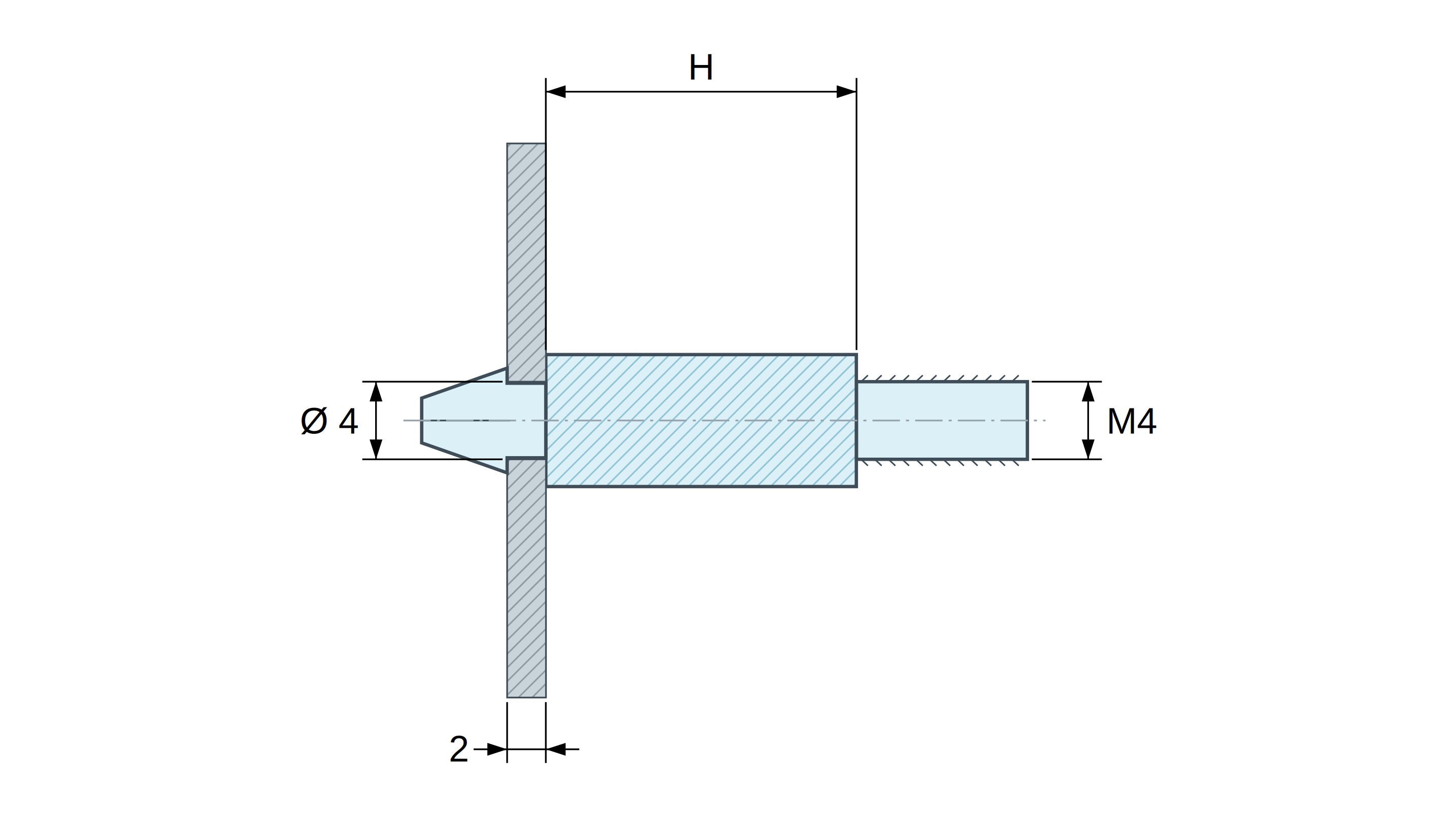 Plan coté Support de carte à clipser, fileté M4, polyamide PA6.6 noir UL94-HB, trou de carte Ø4 mm, carte 2 mm