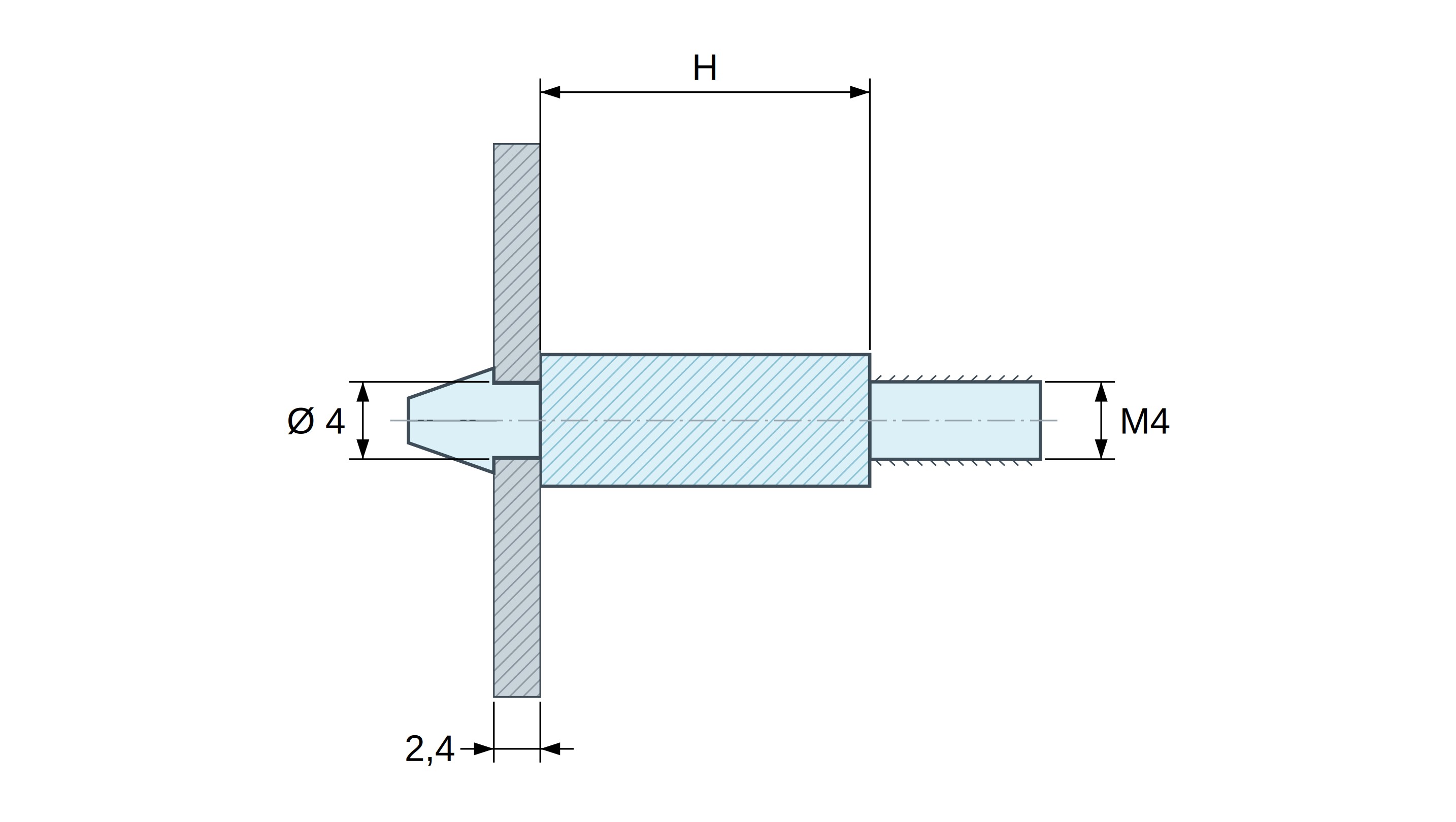 Plan coté Support de carte à clipser, fileté M4, polyamide PA6.6 noir UL94-HB, trou de carte Ø4 mm, carte 2,4 mm