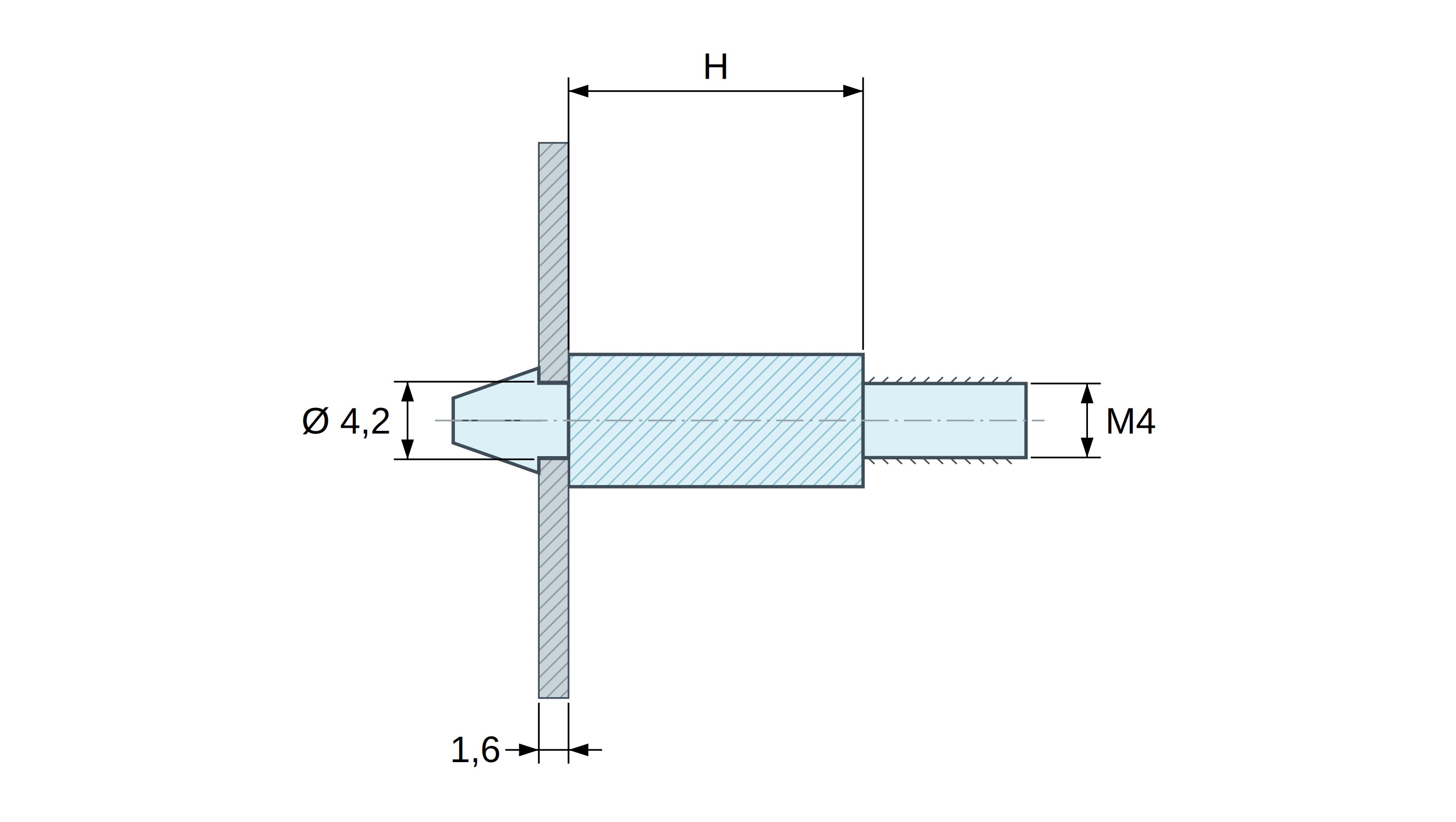 Plan coté Support de carte à clipser, fileté M4, polyamide PA6.6 naturel UL94-V2, trou de carte Ø4,2 mm, carte 1,6 mm