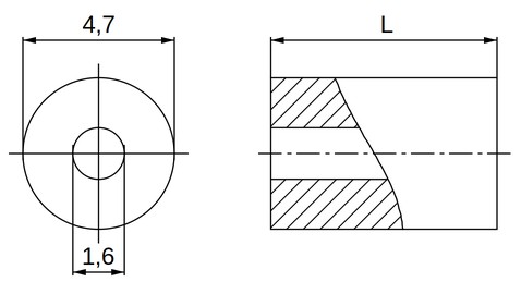 Disegno quotato distanziale plastica poliammide PA6 bianco Ø1,6x4,7 mm Disegno quotato distanziale plastica poliammide PA6 bianco Ø1,6x4,7 mm