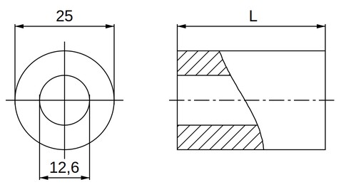Plan coté entretoise plastique polyamide PA6.6 naturel Ø12,6x25 mm