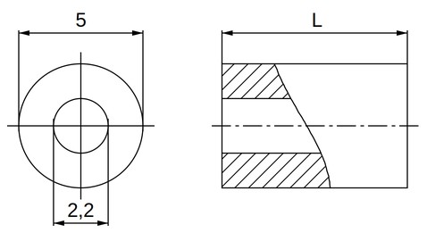 Disegno quotato distanziale plastica poliammide rinforzata marrone Ø2,2x5 mm Disegno quotato distanziale plastica poliammide rinforzata marrone Ø2,2x5 mm