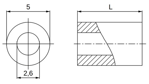 Plano acotado separador plástico poliacetal POM natural Ø2,6x5 mm