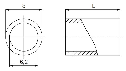 Plano acotado separador plástico poliamida reforzada natural Ø6,2x8 mm