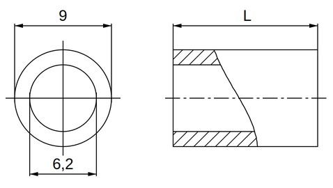 Plano acotado separador plástico poliamida reforzada Ø6,2x9 mm