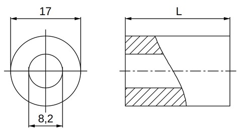 Plano acotado separador plástico poliamida PA6 natural Ø8,2x17 mm