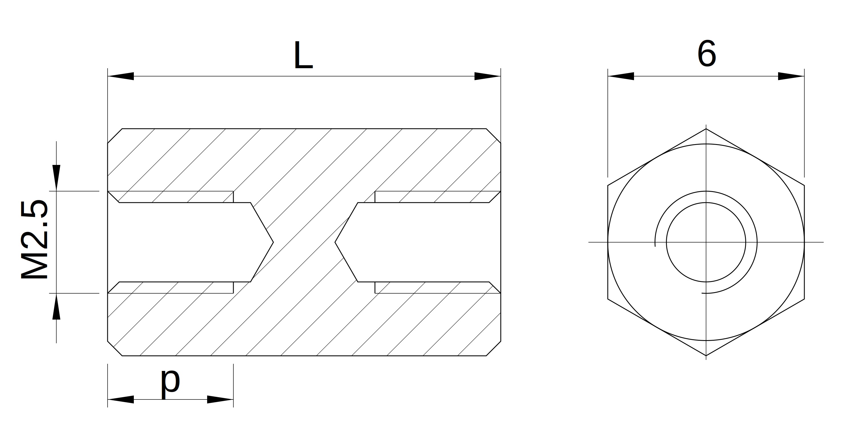 Plano acotado Separador hexagonal roscado hembra/hembra plástico poliamida reforzada M2.5 - 6 mm entrecaras