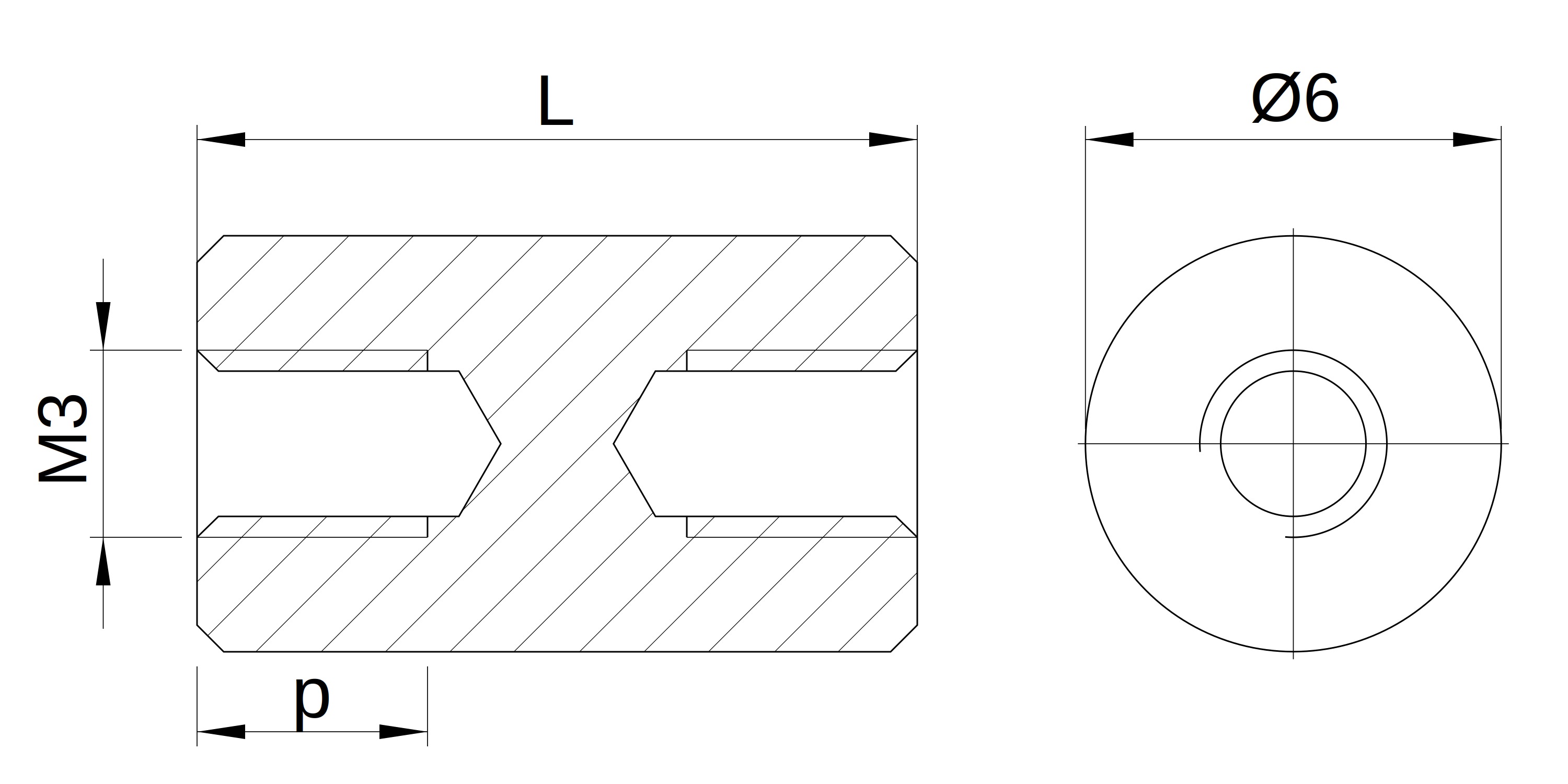 Plano acotado Separador redonda roscado hembra/hembra plástico poliacetal POM blanco M3 - Ø6 mm